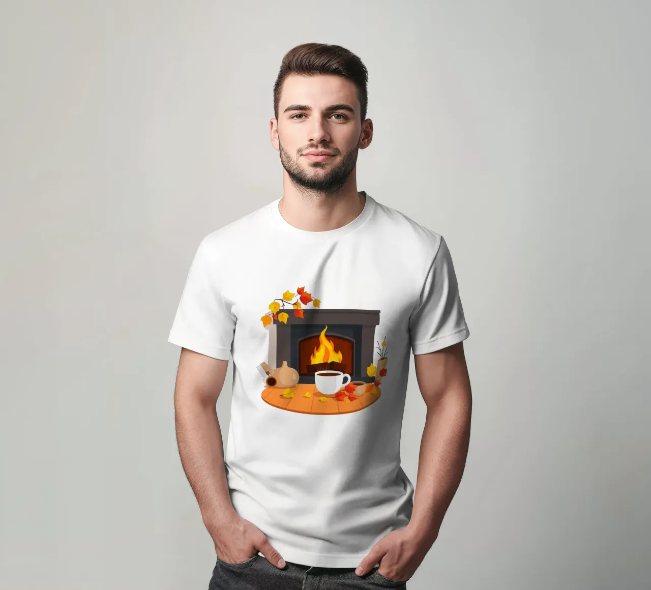 Un cadre automnal douillet avec une cheminée chaleureuse, un café fumant t-shirt de DesignDoodle