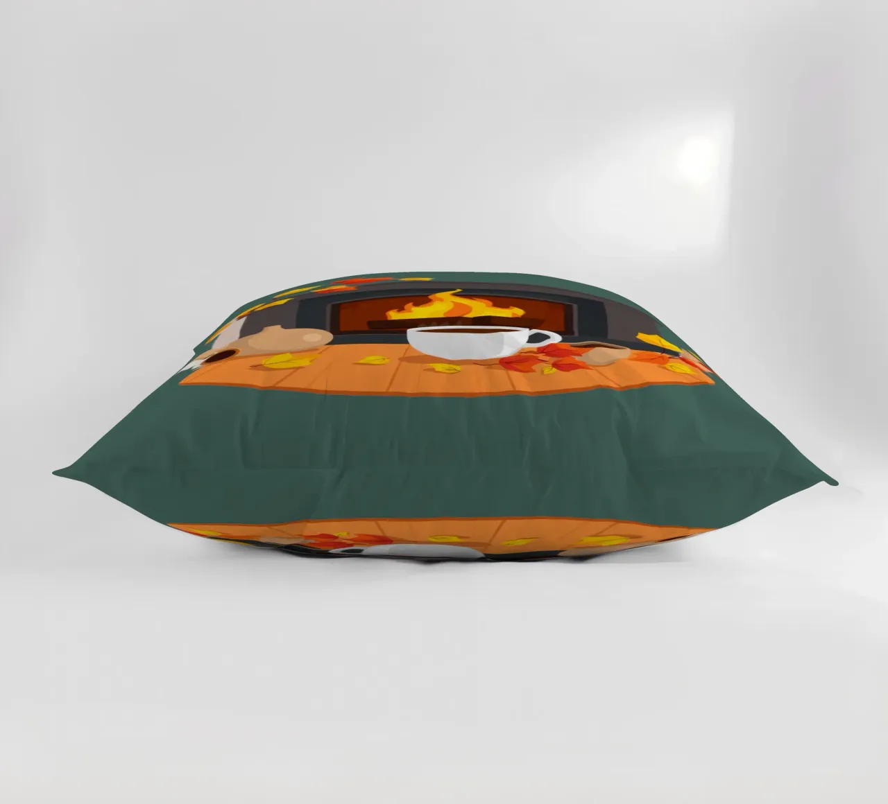 Un cadre automnal douillet avec une cheminée chaleureuse, un café fumant coussin de DesignDoodle