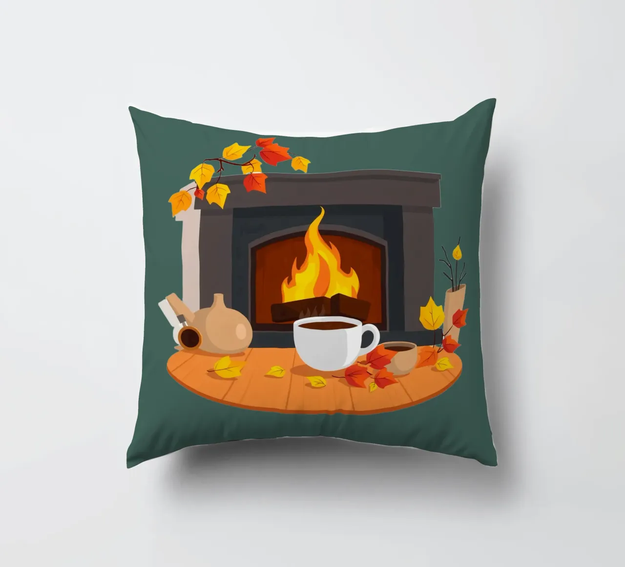 Un cadre automnal douillet avec une cheminée chaleureuse, un café fumant coussin de DesignDoodle
