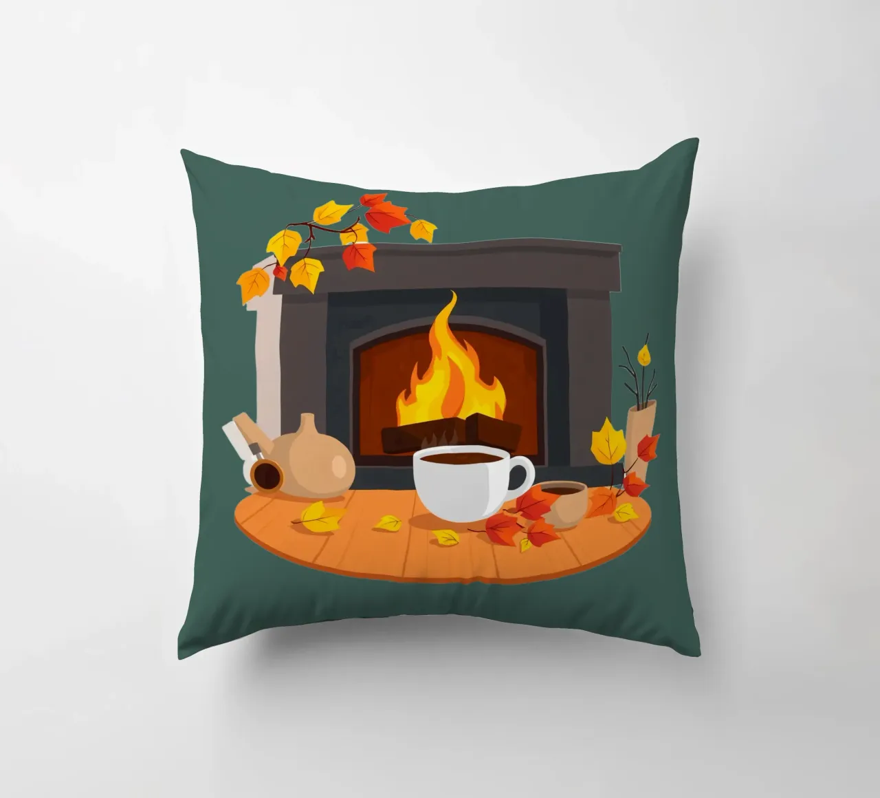 Un cadre automnal douillet avec une cheminée chaleureuse, un café fumant coussin de DesignDoodle