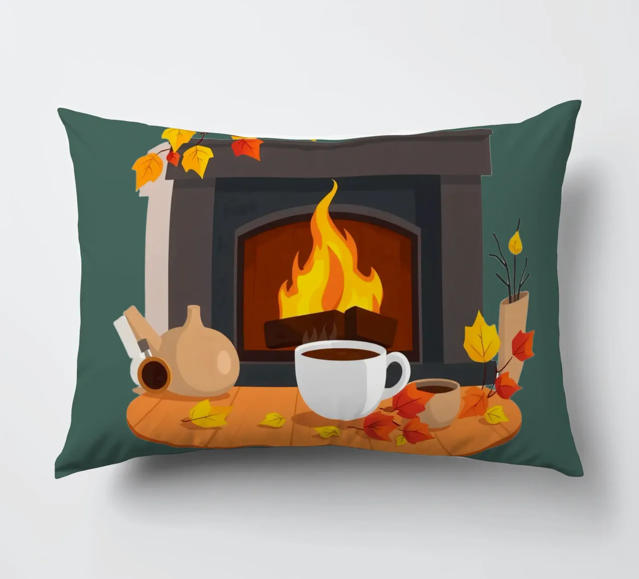 Un cadre automnal douillet avec une cheminée chaleureuse, un café fumant coussin de DesignDoodle