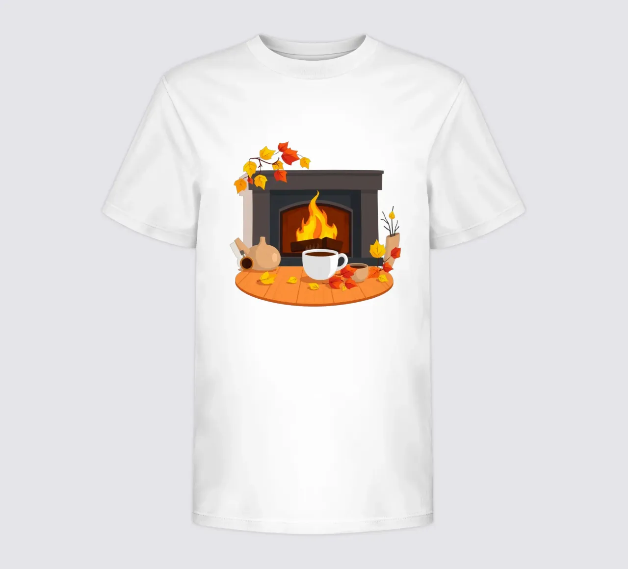 Un cadre automnal douillet avec une cheminée chaleureuse, un café fumant t-shirt enfant de DesignDoodle