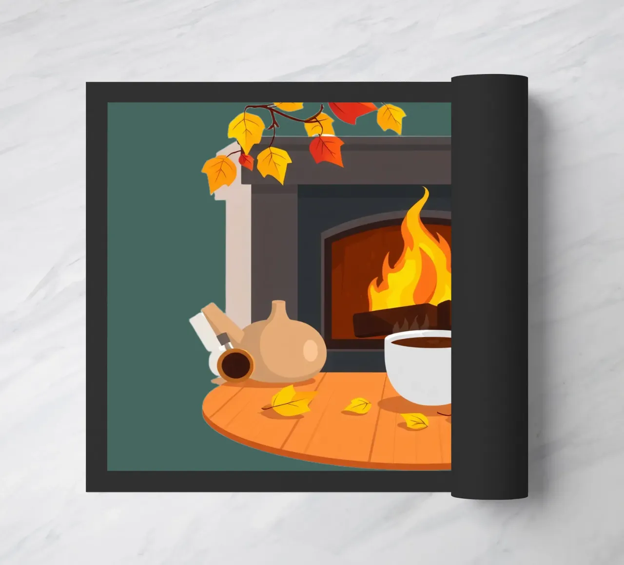Un cadre automnal douillet avec une cheminée chaleureuse, un café fumant paillasson de DesignDoodle