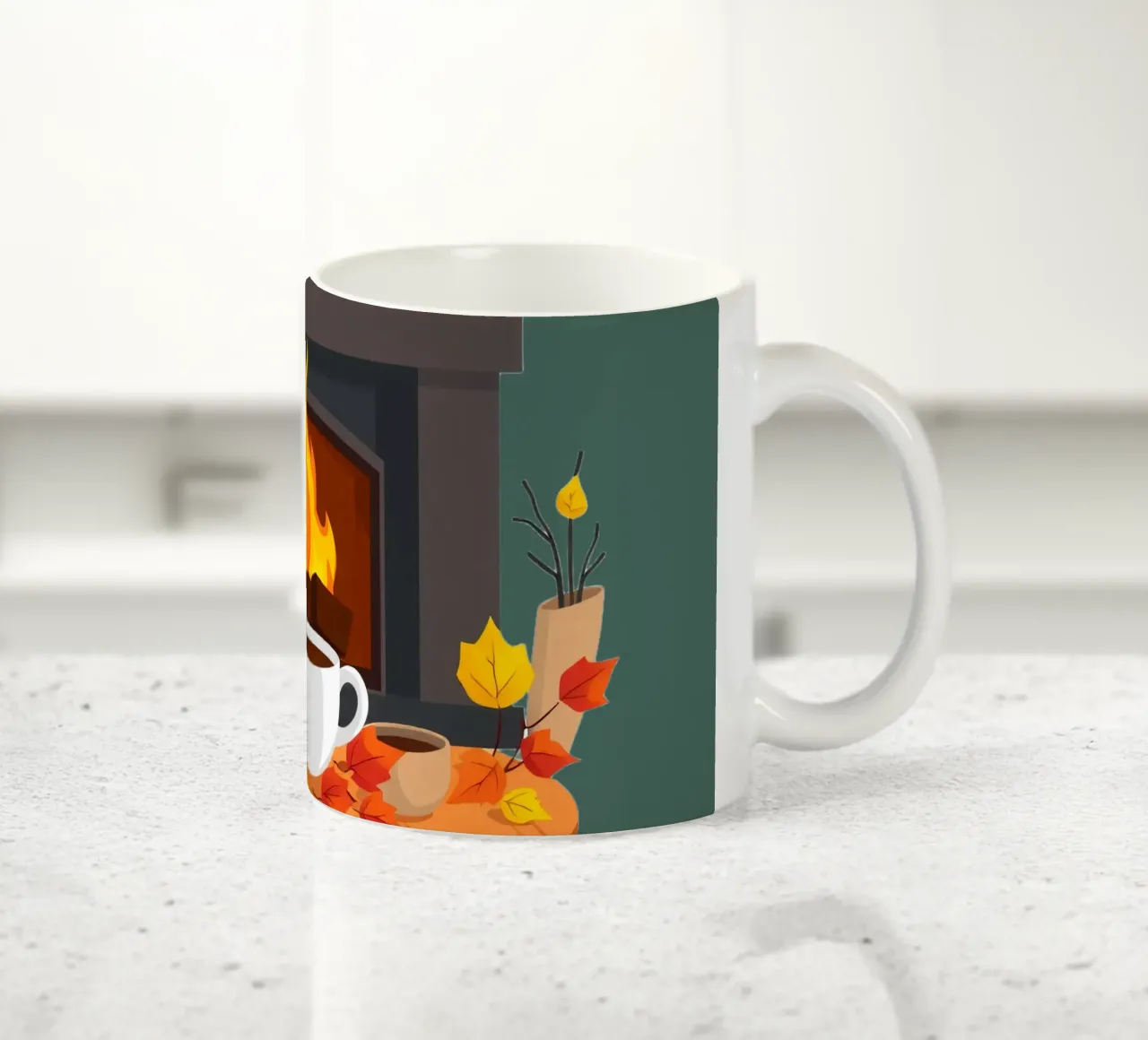 Un cadre automnal douillet avec une cheminée chaleureuse, un café fumant mug en céramique de DesignDoodle