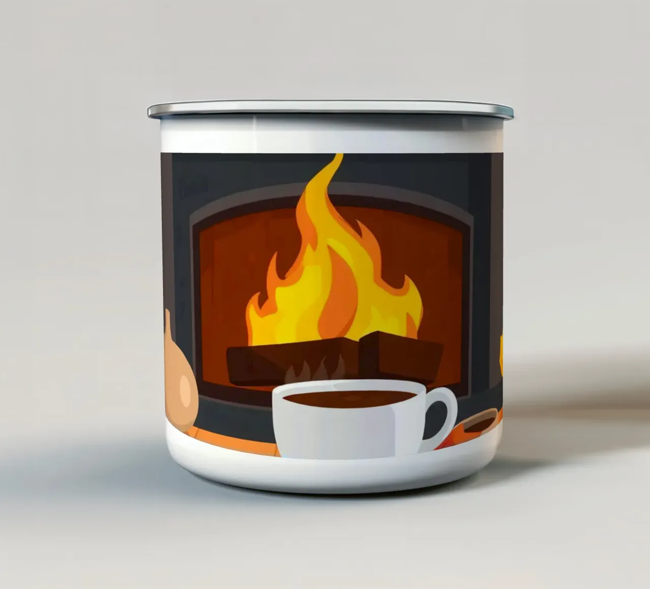 Un cadre automnal douillet avec une cheminée chaleureuse, un café fumant mug en émail de DesignDoodle
