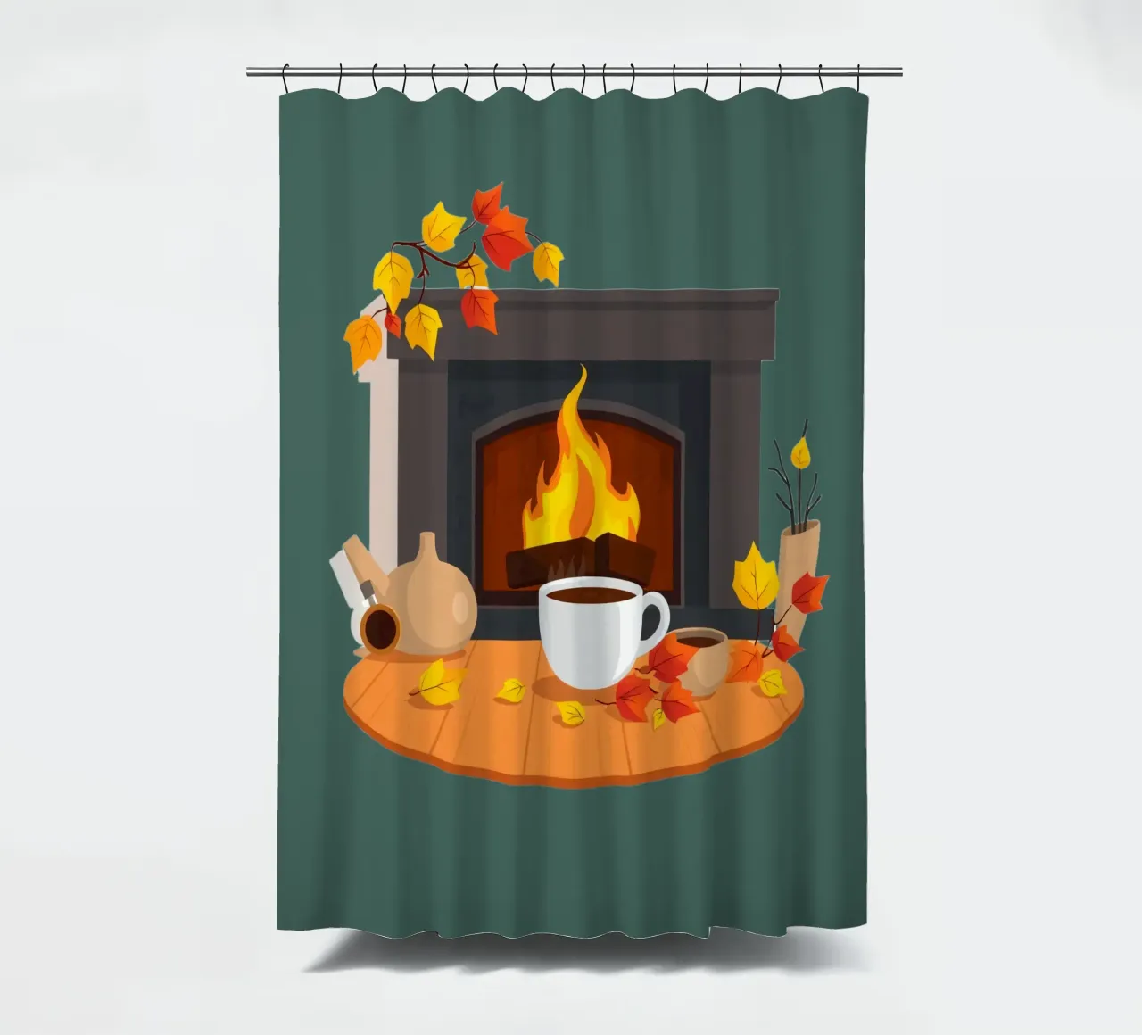 Un cadre automnal douillet avec une cheminée chaleureuse, un café fumant rideau de douche de DesignDoodle