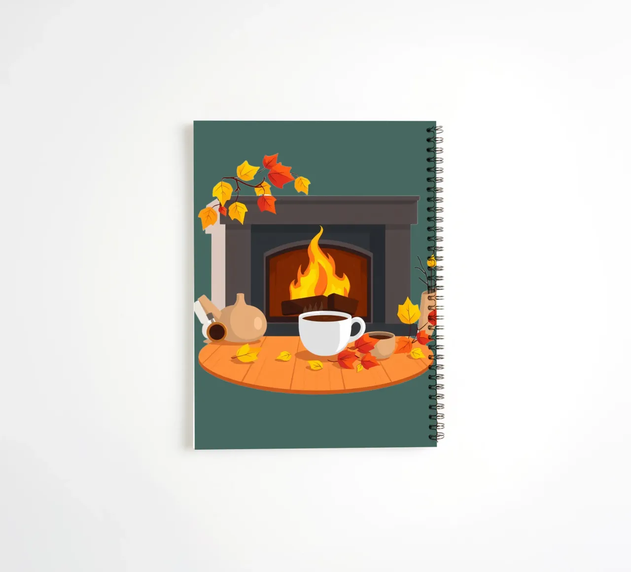 Un cadre automnal douillet avec une cheminée chaleureuse, un café fumant carnet à spirale de DesignDoodle