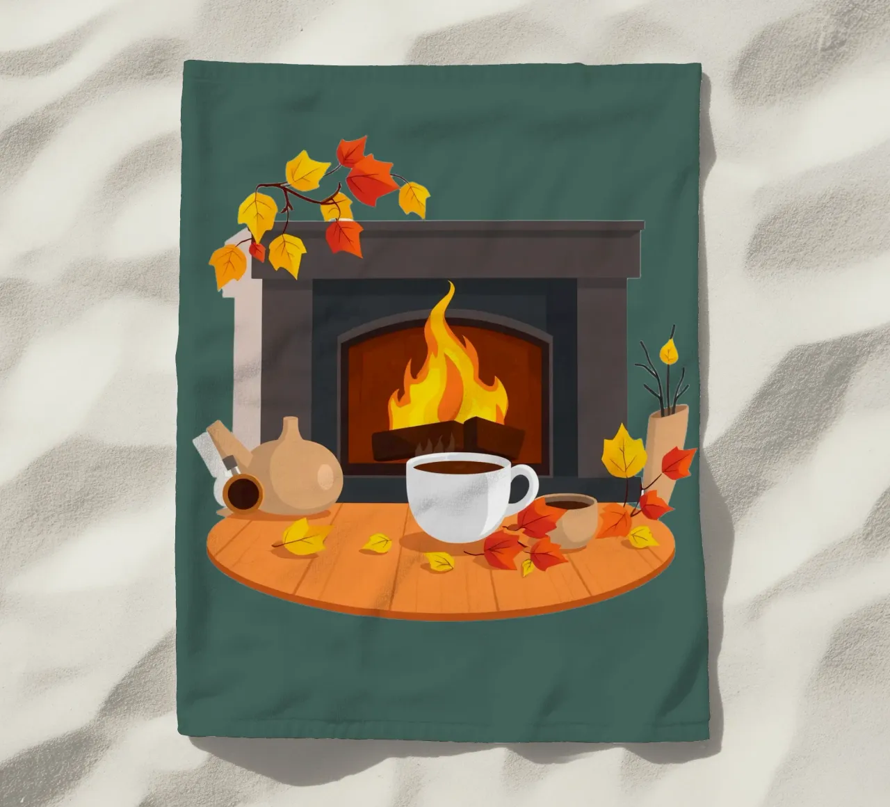 Un cadre automnal douillet avec une cheminée chaleureuse, un café fumant serviette de plage de DesignDoodle