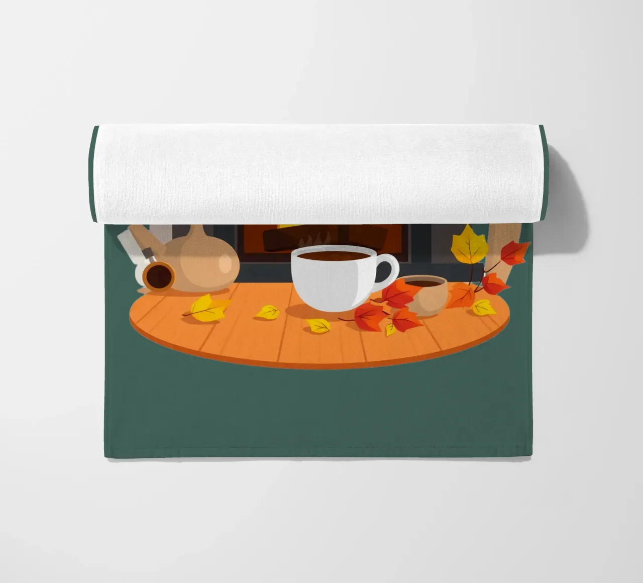 Un cadre automnal douillet avec une cheminée chaleureuse, un café fumant serviette de plage de DesignDoodle