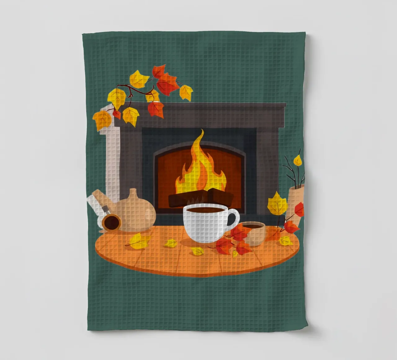 Un cadre automnal douillet avec une cheminée chaleureuse, un café fumant torchon de DesignDoodle