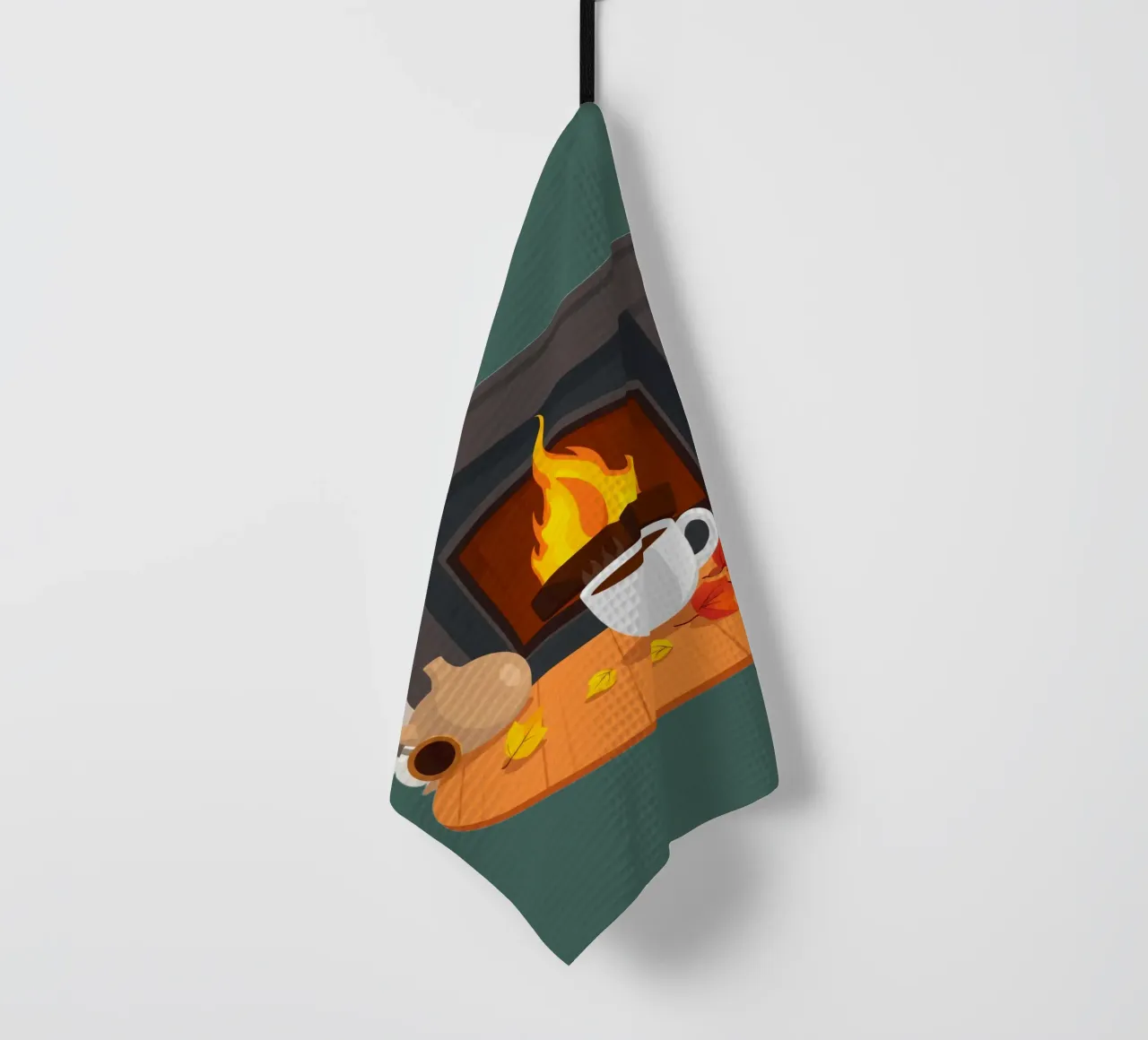 Un cadre automnal douillet avec une cheminée chaleureuse, un café fumant torchon de DesignDoodle