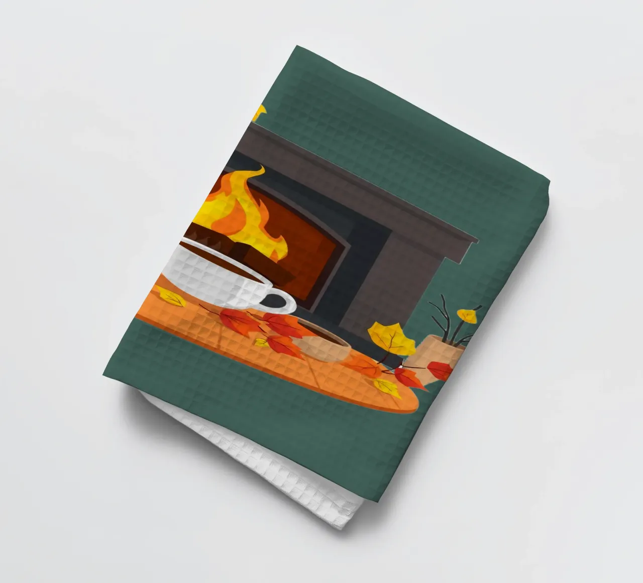 Un cadre automnal douillet avec une cheminée chaleureuse, un café fumant torchon de DesignDoodle