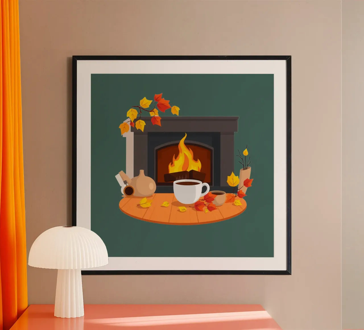 Un cadre automnal douillet avec une cheminée chaleureuse, un café fumant poster de DesignDoodle