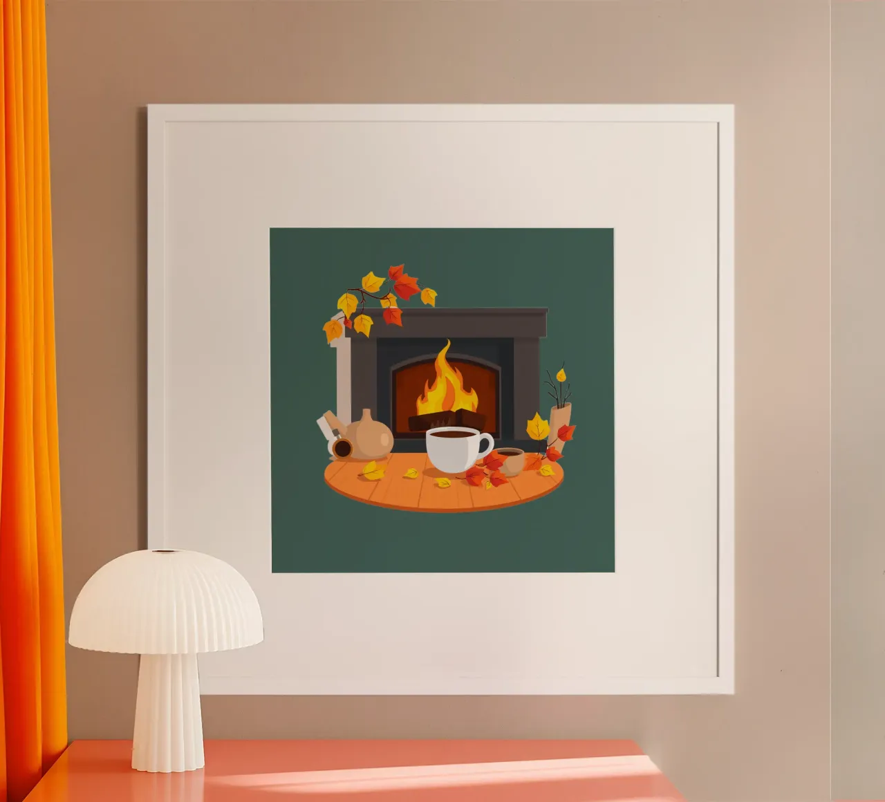 Un cadre automnal douillet avec une cheminée chaleureuse, un café fumant poster de DesignDoodle
