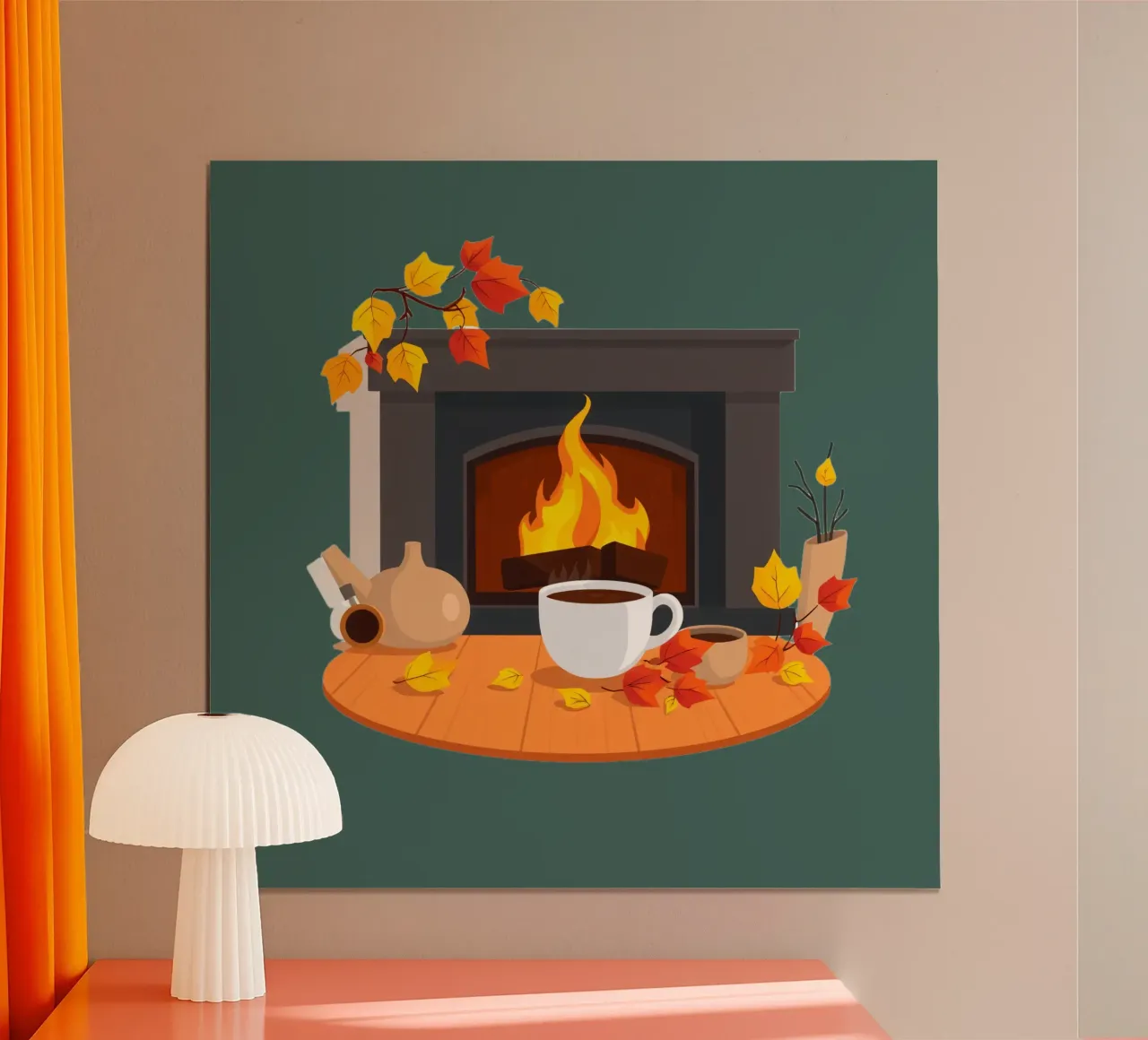 Un cadre automnal douillet avec une cheminée chaleureuse, un café fumant poster de DesignDoodle
