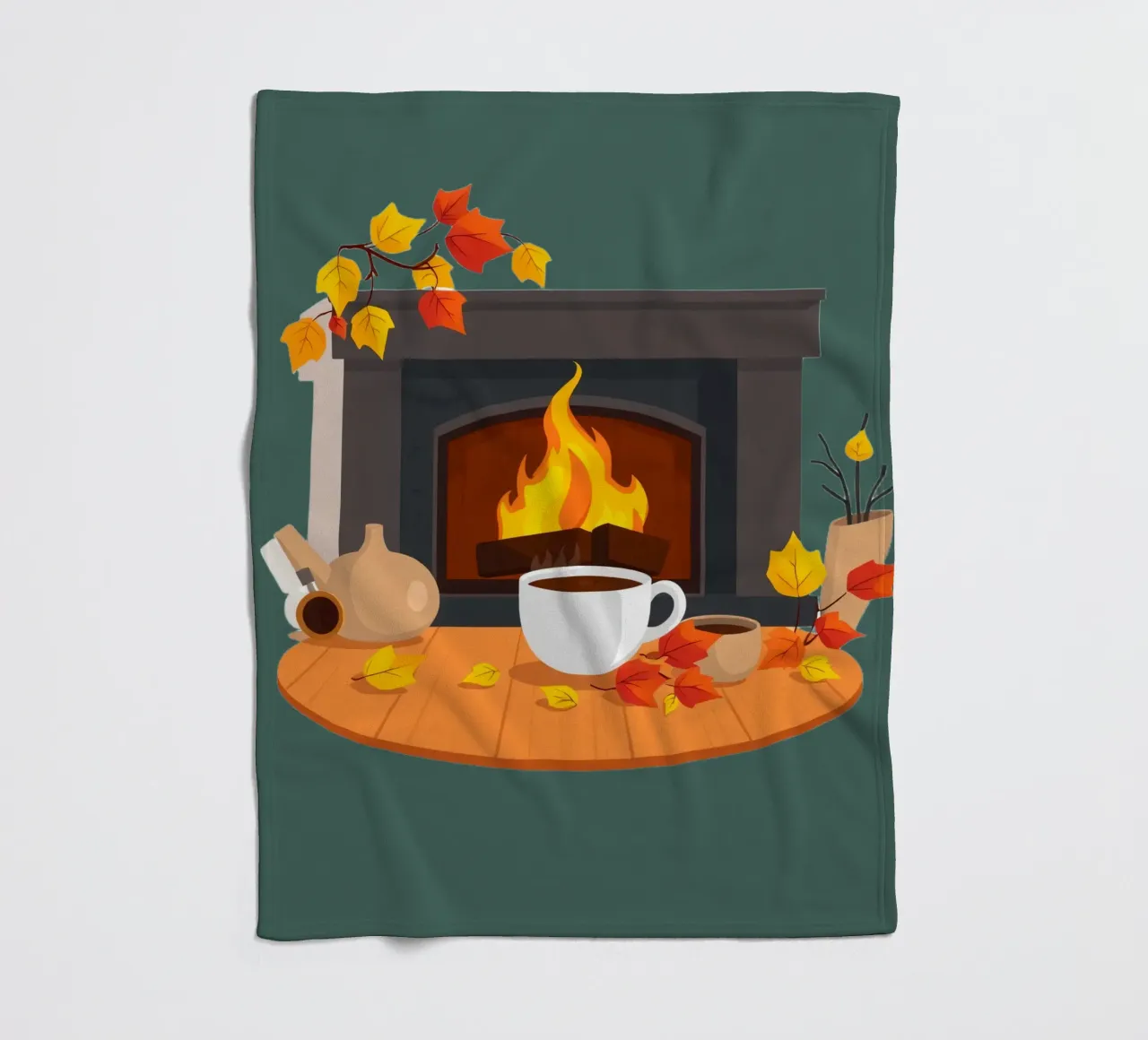 Un cadre automnal douillet avec une cheminée chaleureuse, un café fumant plaid polaire de DesignDoodle