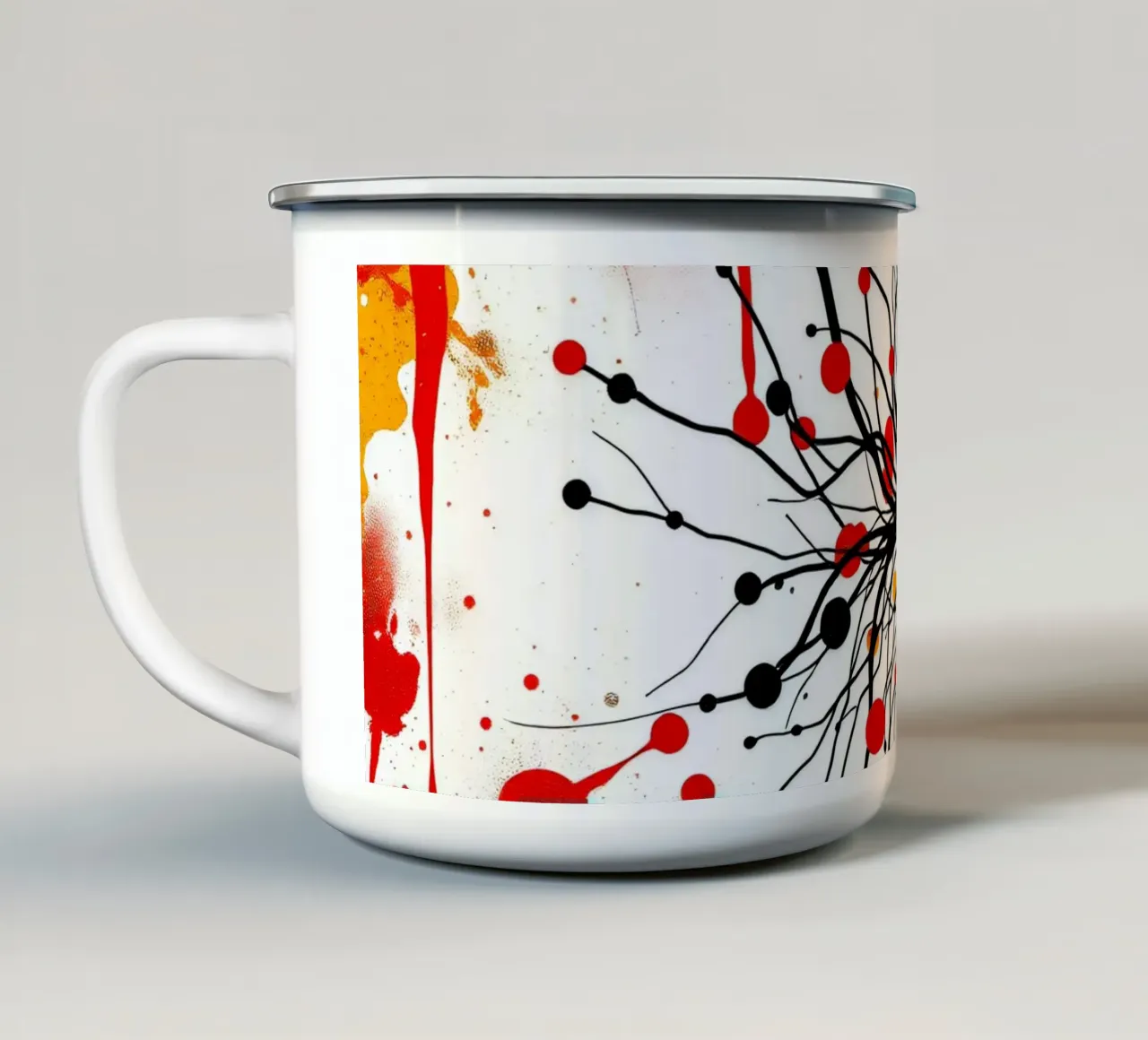 Arte astratta con linee nere e spruzzi colorati tazza in smalto da DesignDoodle