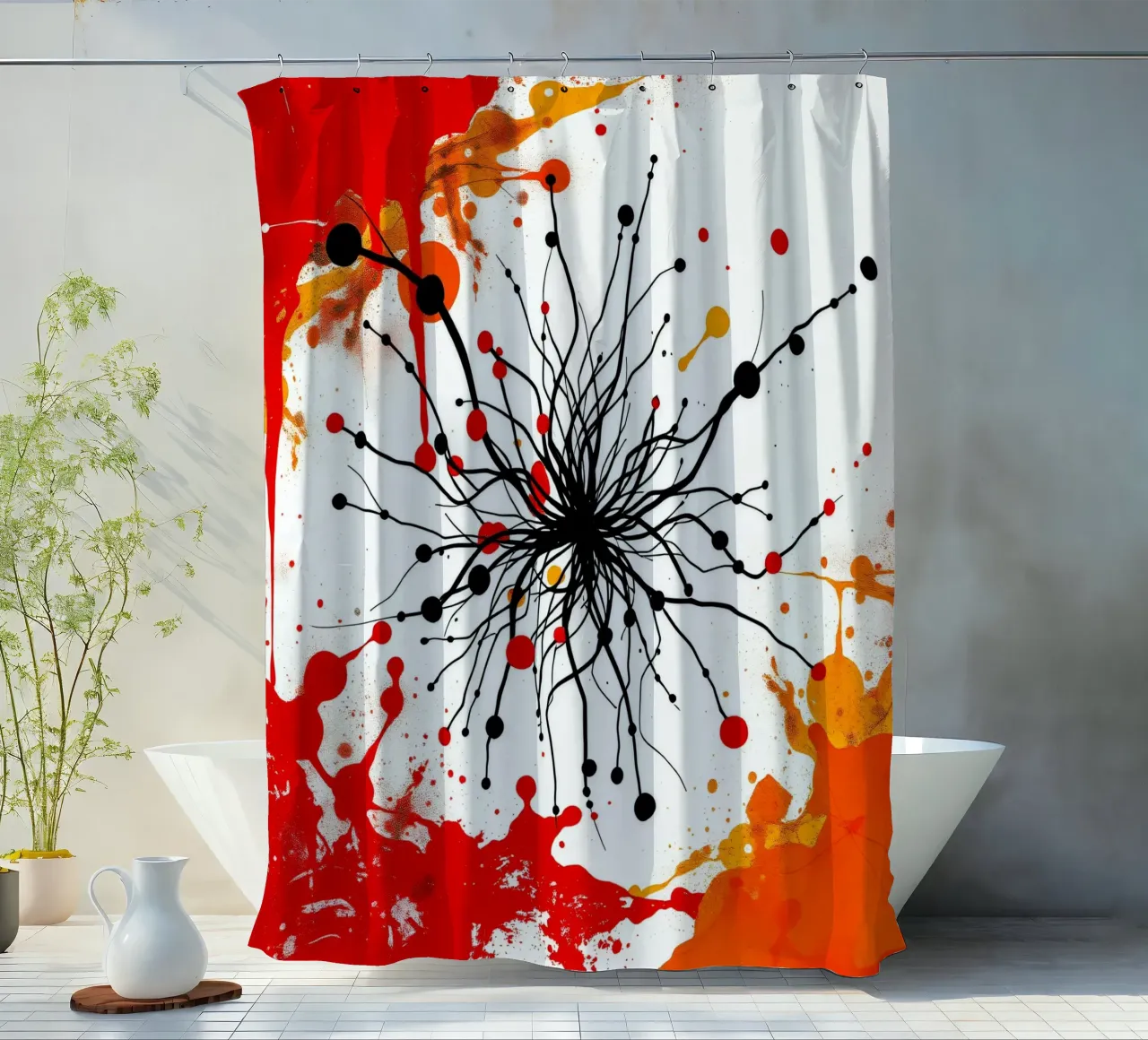 Abstract art featuring black lines and colorful splashes shower curtain by DesignDoodle