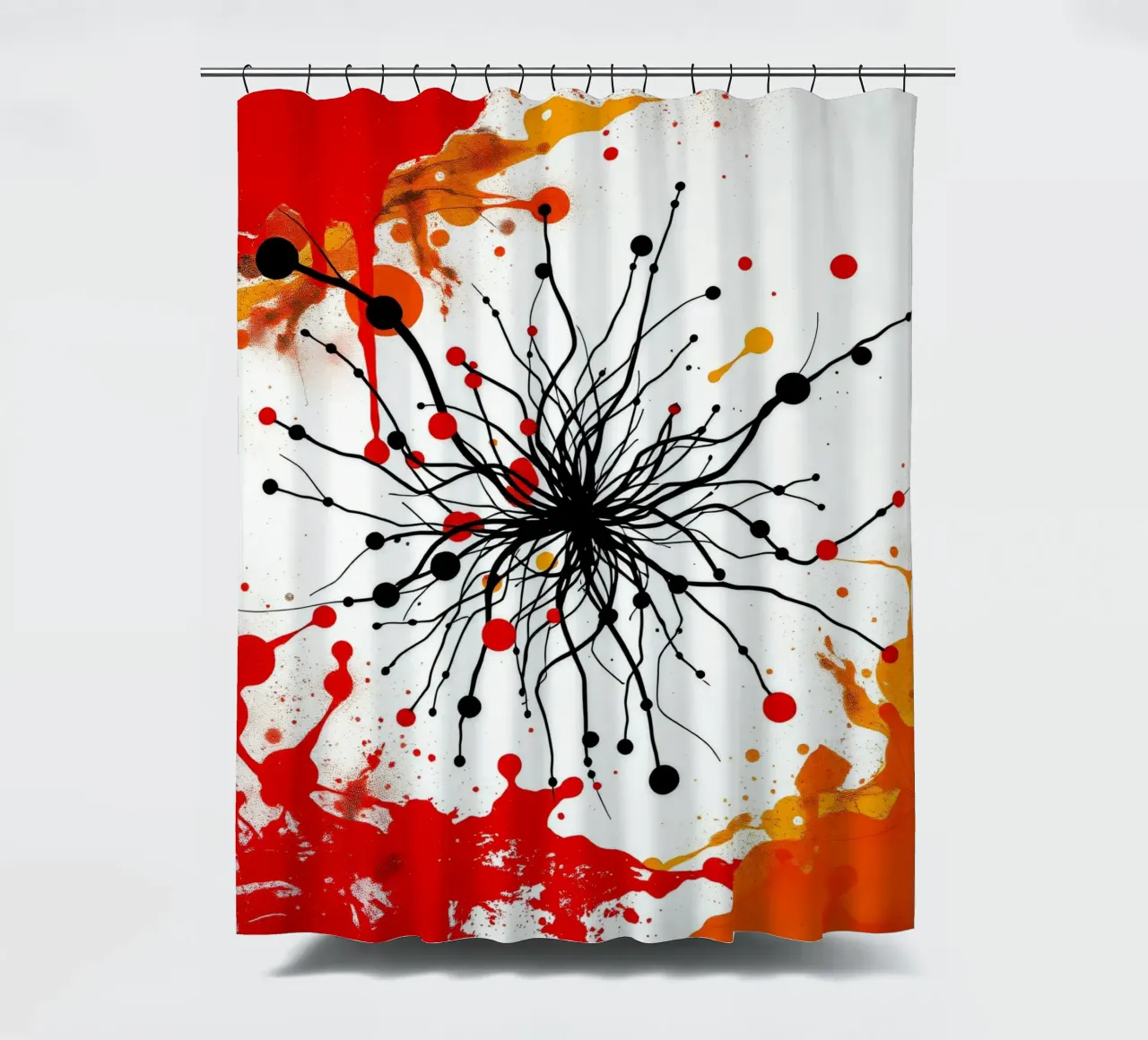 Abstract art featuring black lines and colorful splashes shower curtain by DesignDoodle