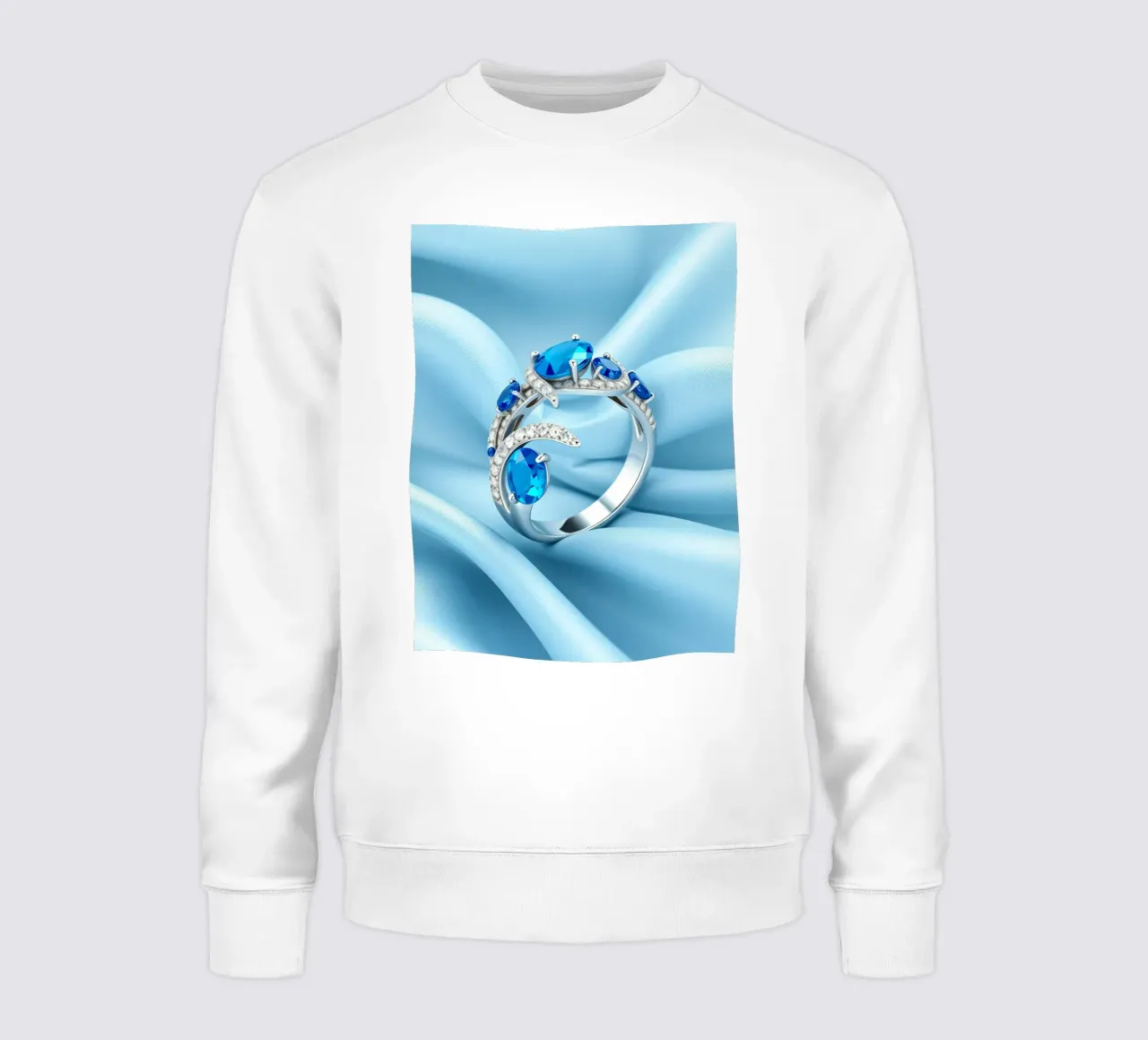 Elegante anello con gemma blu esposto in morbido tessuto di seta blu felpa da DesignDoodle