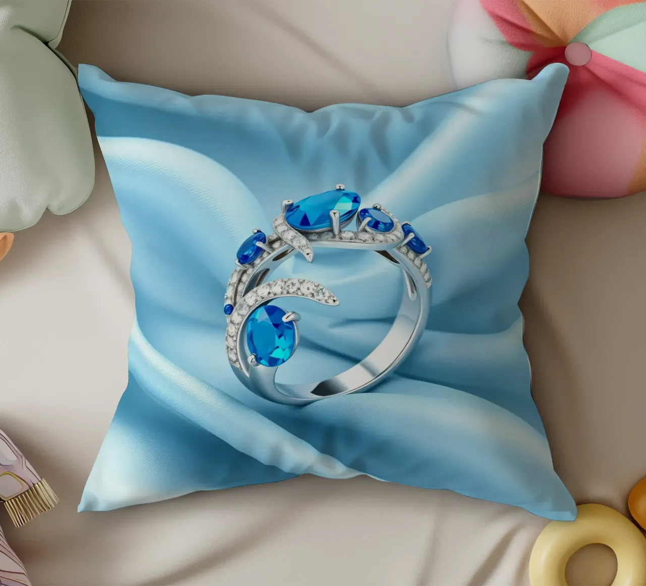 Elegante anello con gemma blu esposto in morbido tessuto di seta blu cuscino da DesignDoodle