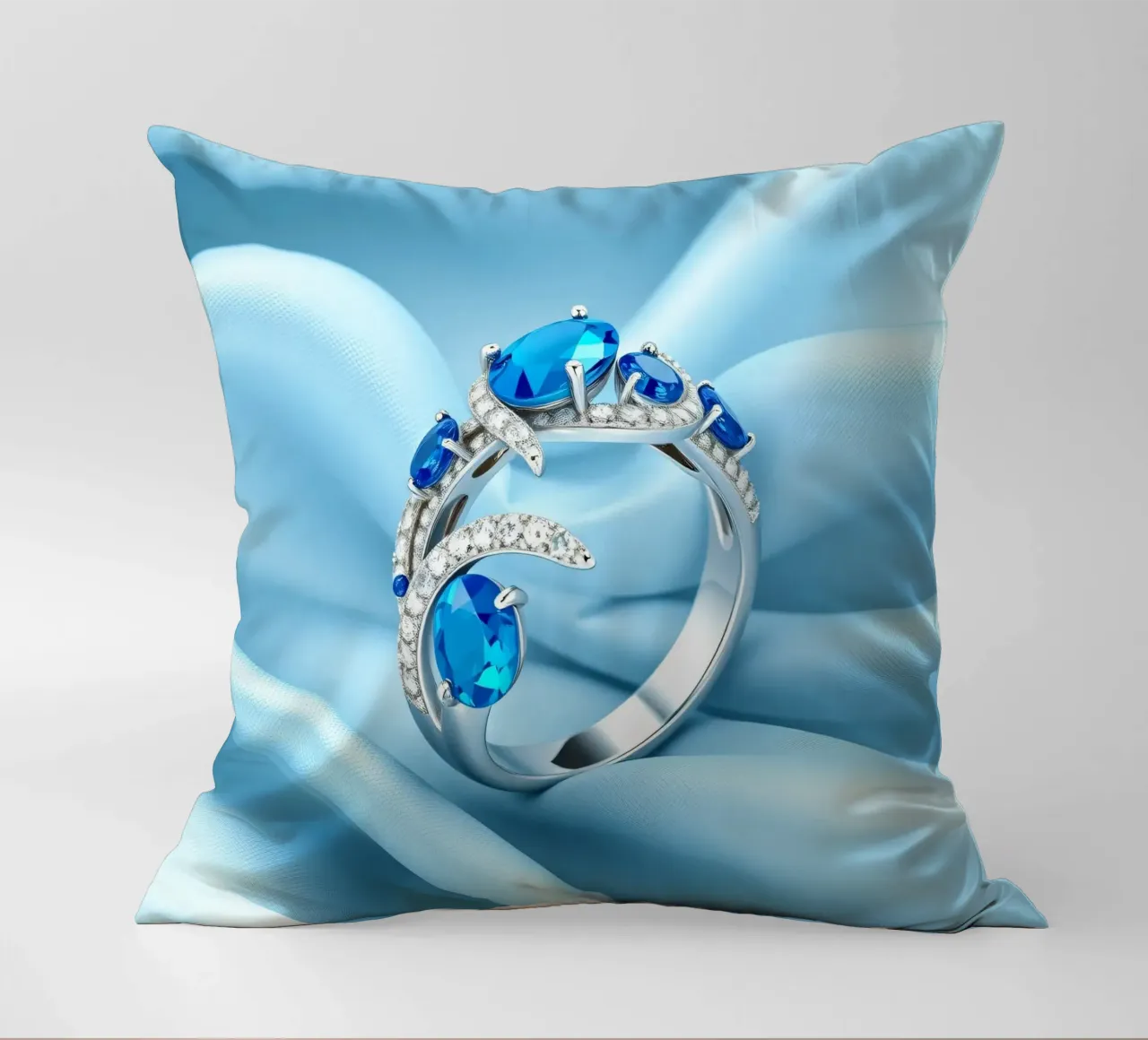 Elegante anello con gemma blu esposto in morbido tessuto di seta blu cuscino da DesignDoodle