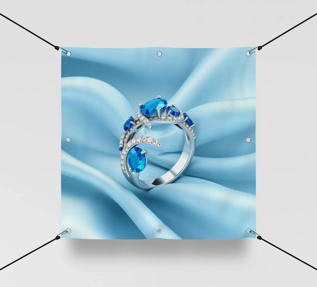 Elegante anello con gemma blu esposto in morbido tessuto di seta blu telo in pvc da DesignDoodle
