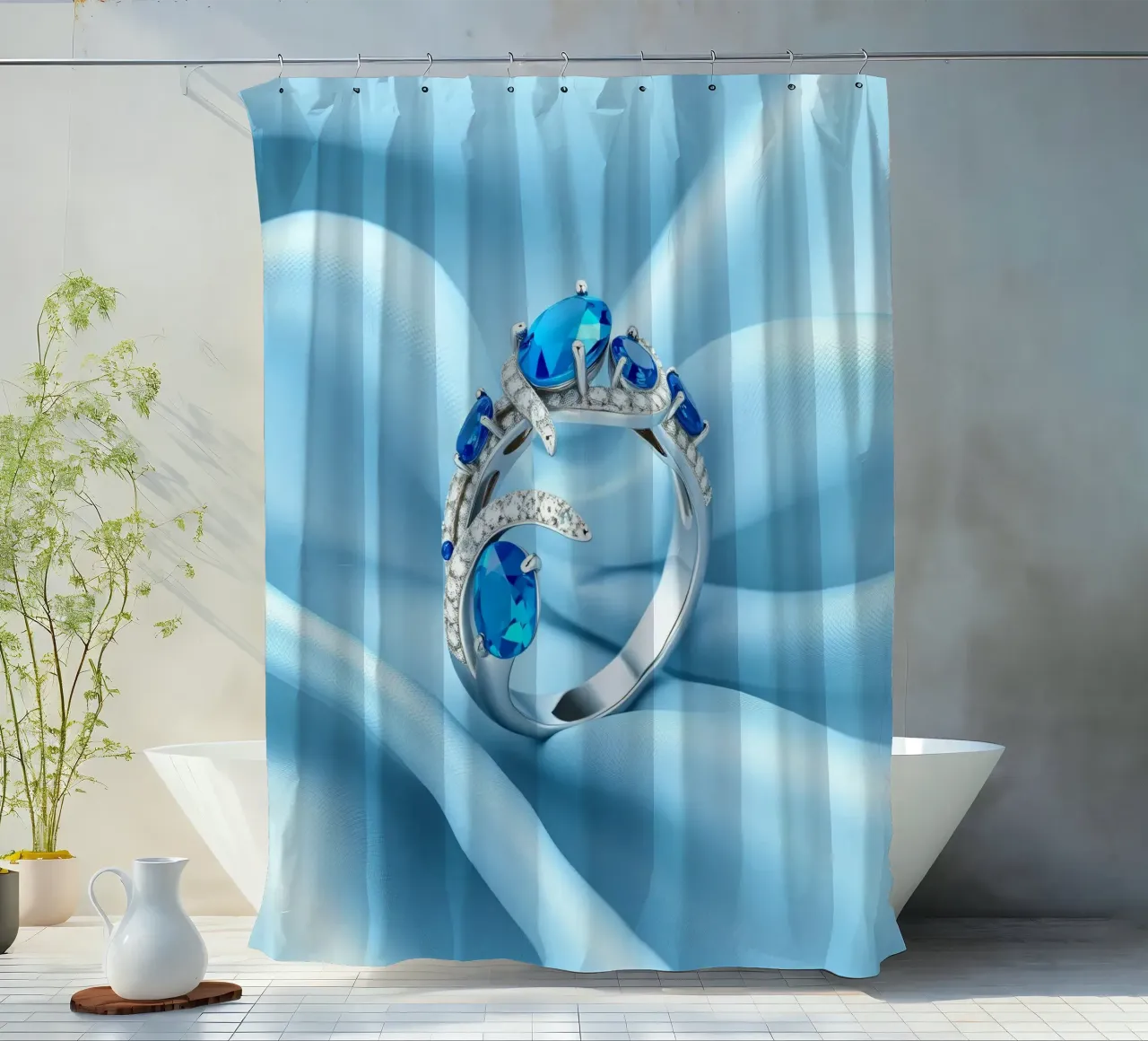 Elegante anello con gemma blu esposto in morbido tessuto di seta blu tenda da doccia da DesignDoodle