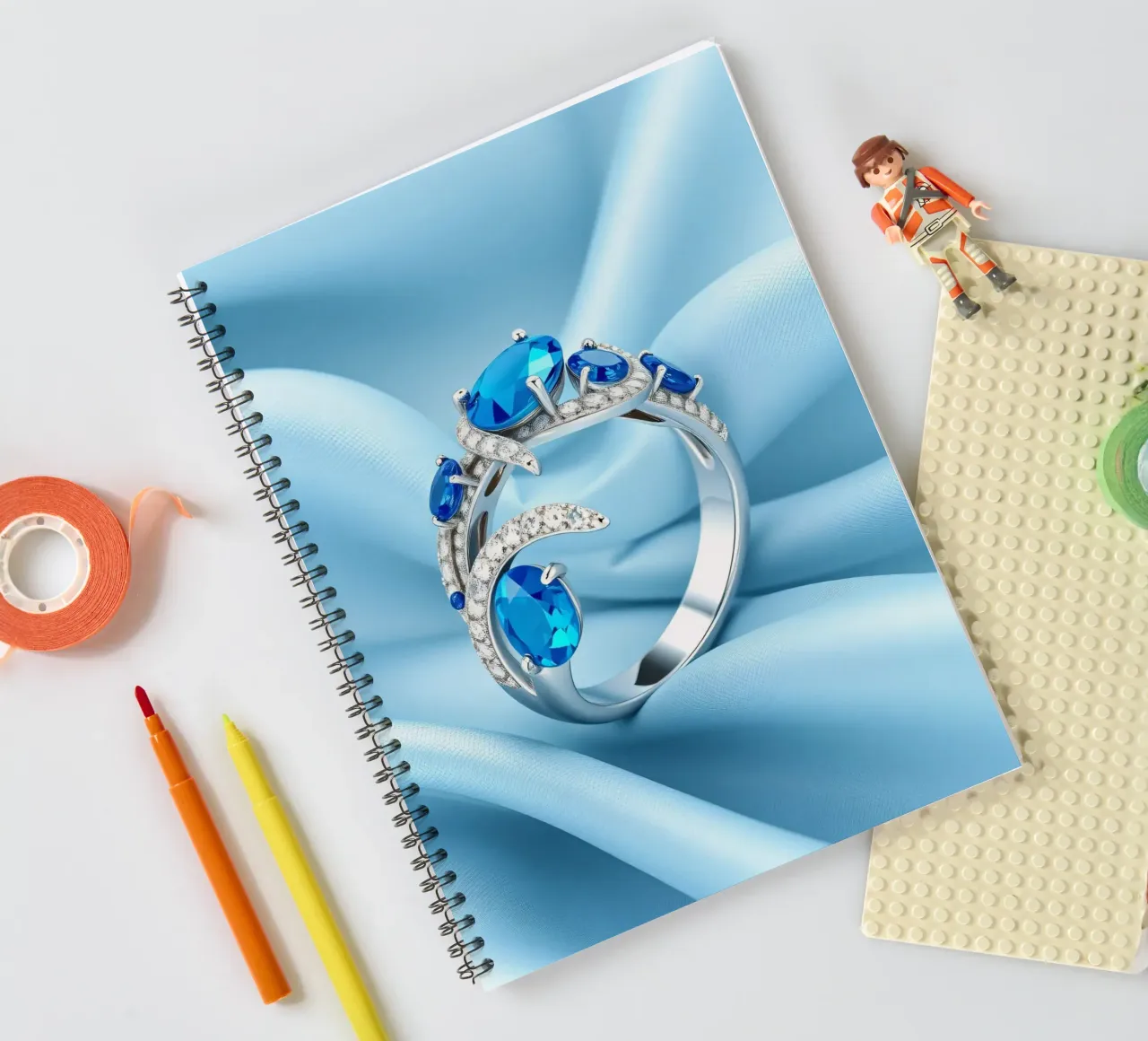 Elegante anello con gemma blu esposto in morbido tessuto di seta blu diario ad anelli da DesignDoodle