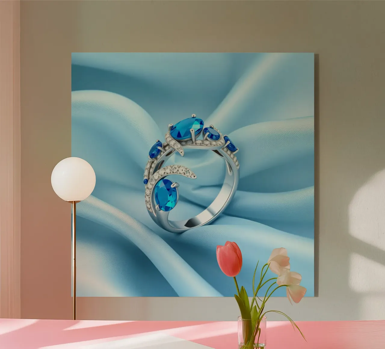 Elegante anello con gemma blu esposto in morbido tessuto di seta blu plexiglass da DesignDoodle