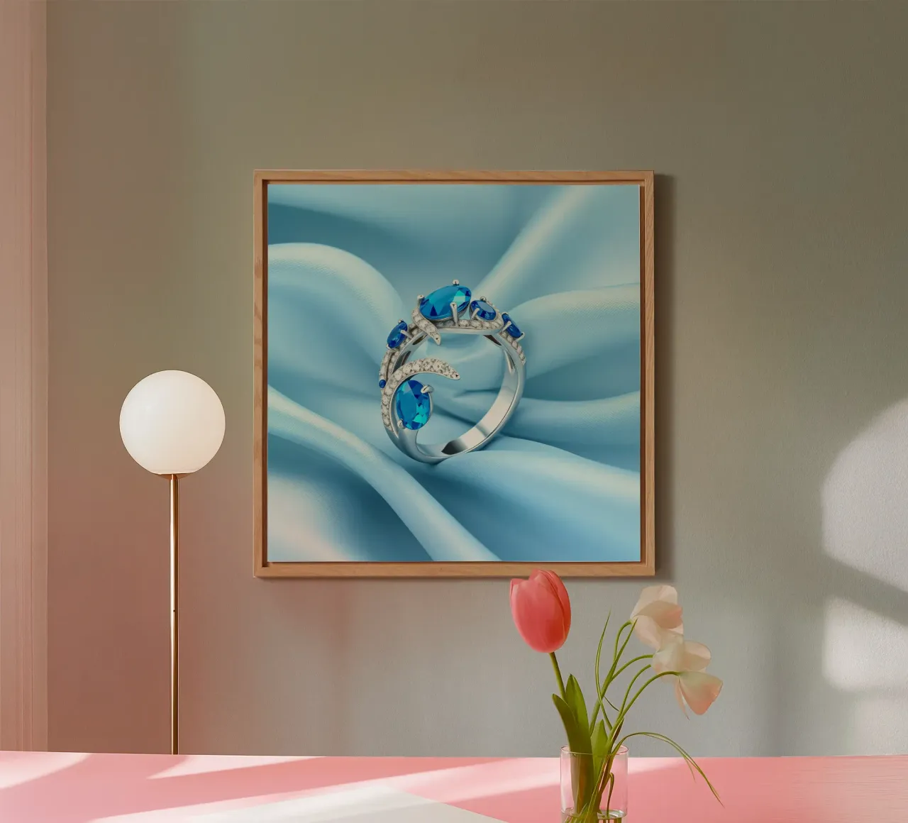 Elegante anello con gemma blu esposto in morbido tessuto di seta blu alluminio dibond da DesignDoodle