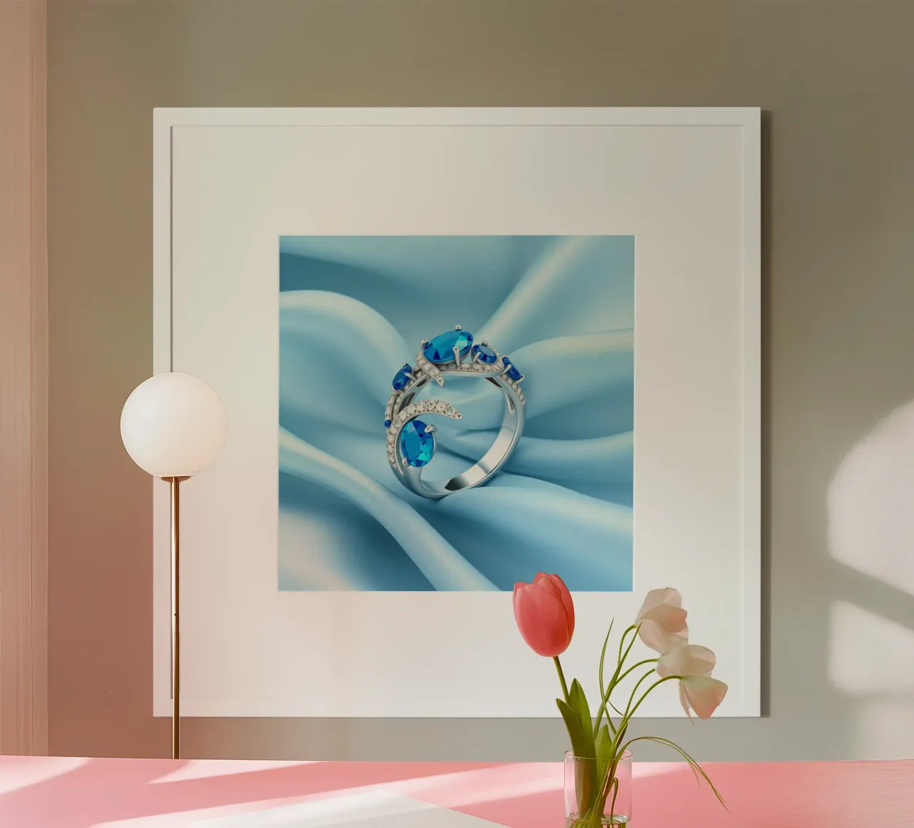 Elegante anello con gemma blu esposto in morbido tessuto di seta blu poster da DesignDoodle