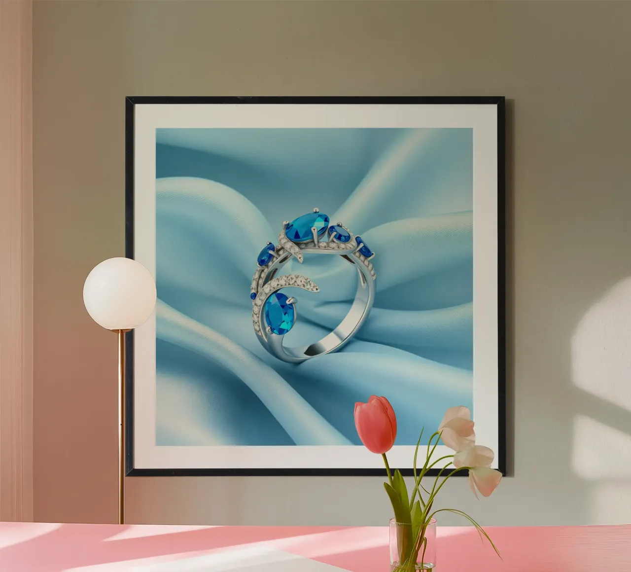 Elegante anello con gemma blu esposto in morbido tessuto di seta blu poster da DesignDoodle