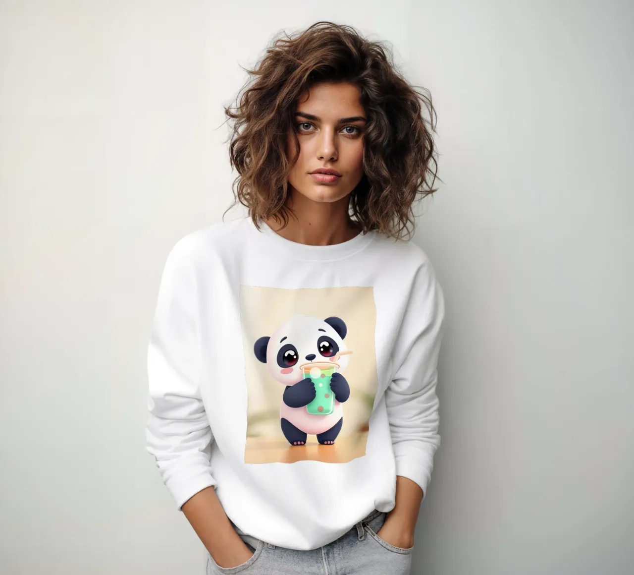 Simpatico personaggio di panda che si gode una bevanda colorata felpa da DesignDoodle