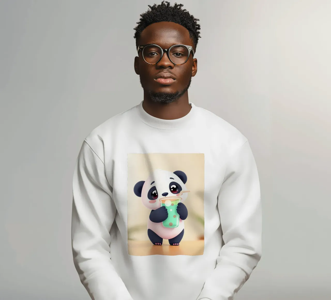Simpatico personaggio di panda che si gode una bevanda colorata felpa da DesignDoodle