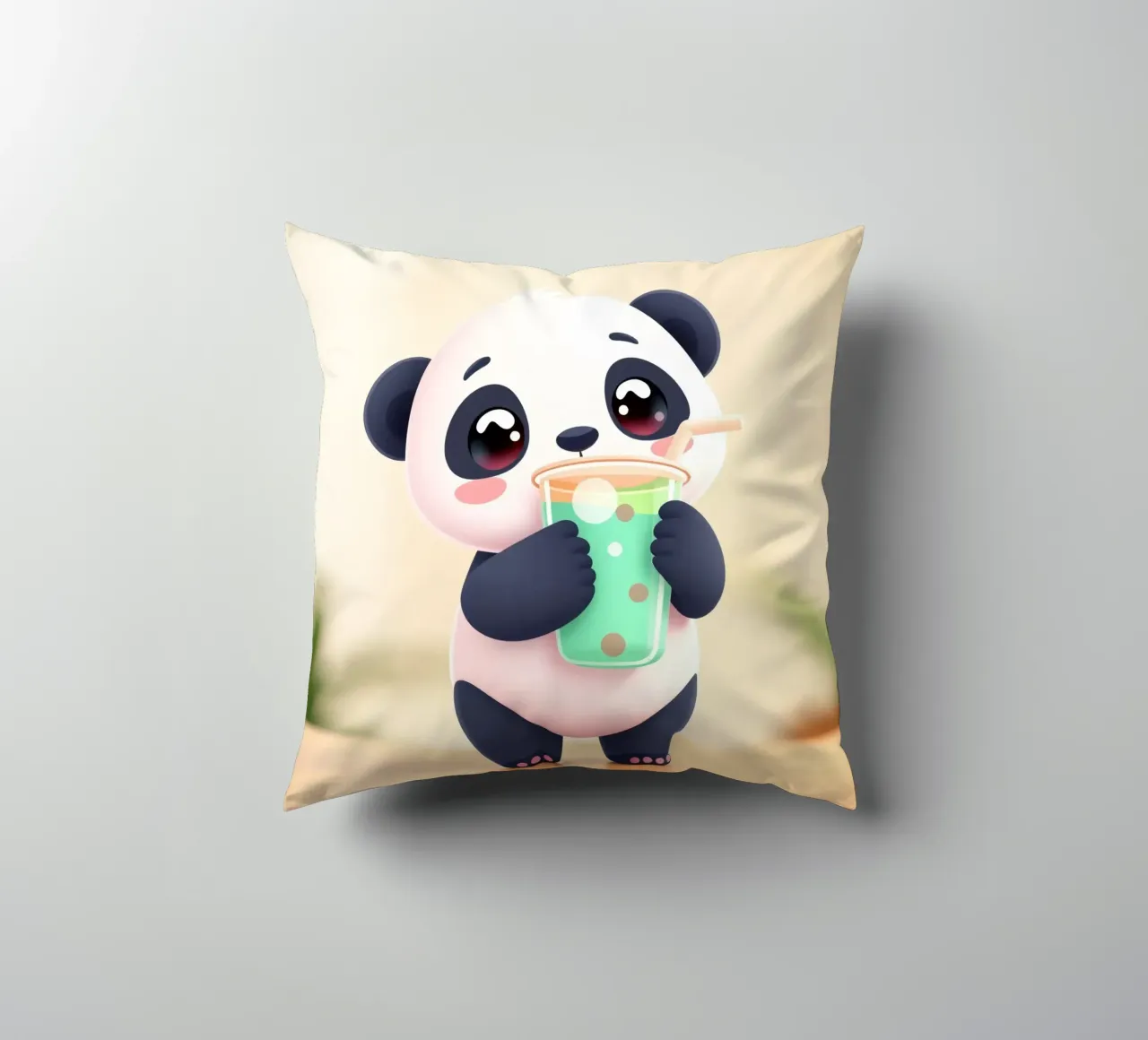 Simpatico personaggio di panda che si gode una bevanda colorata cuscino da DesignDoodle