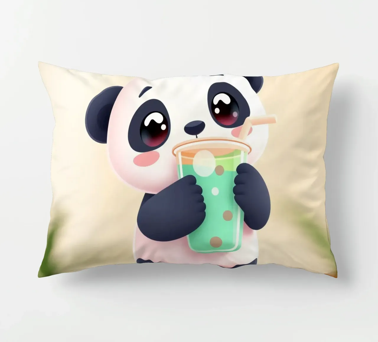 Simpatico personaggio di panda che si gode una bevanda colorata cuscino da DesignDoodle