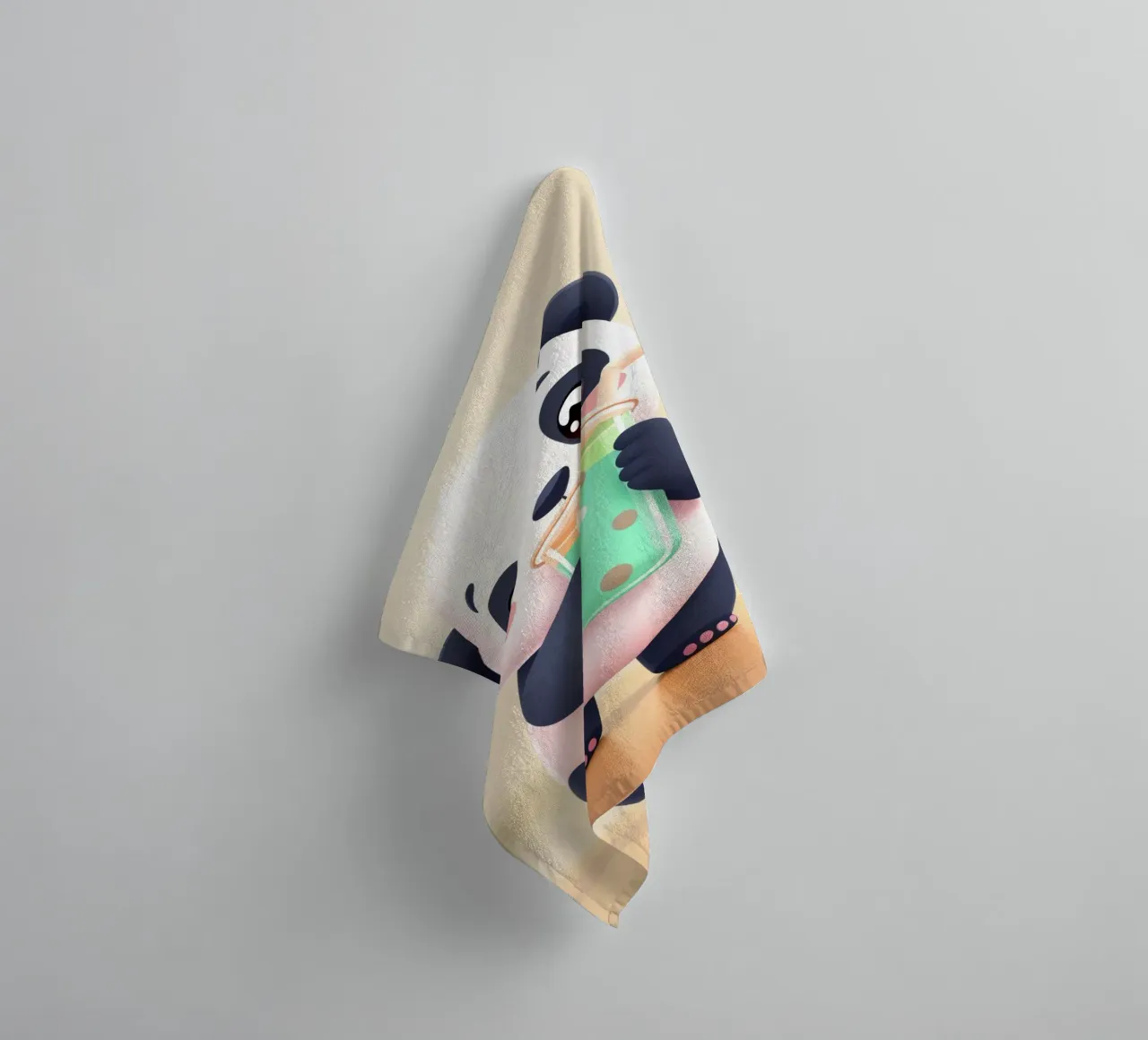Cute panda character enjoying a colorful drink towel by DesignDoodle