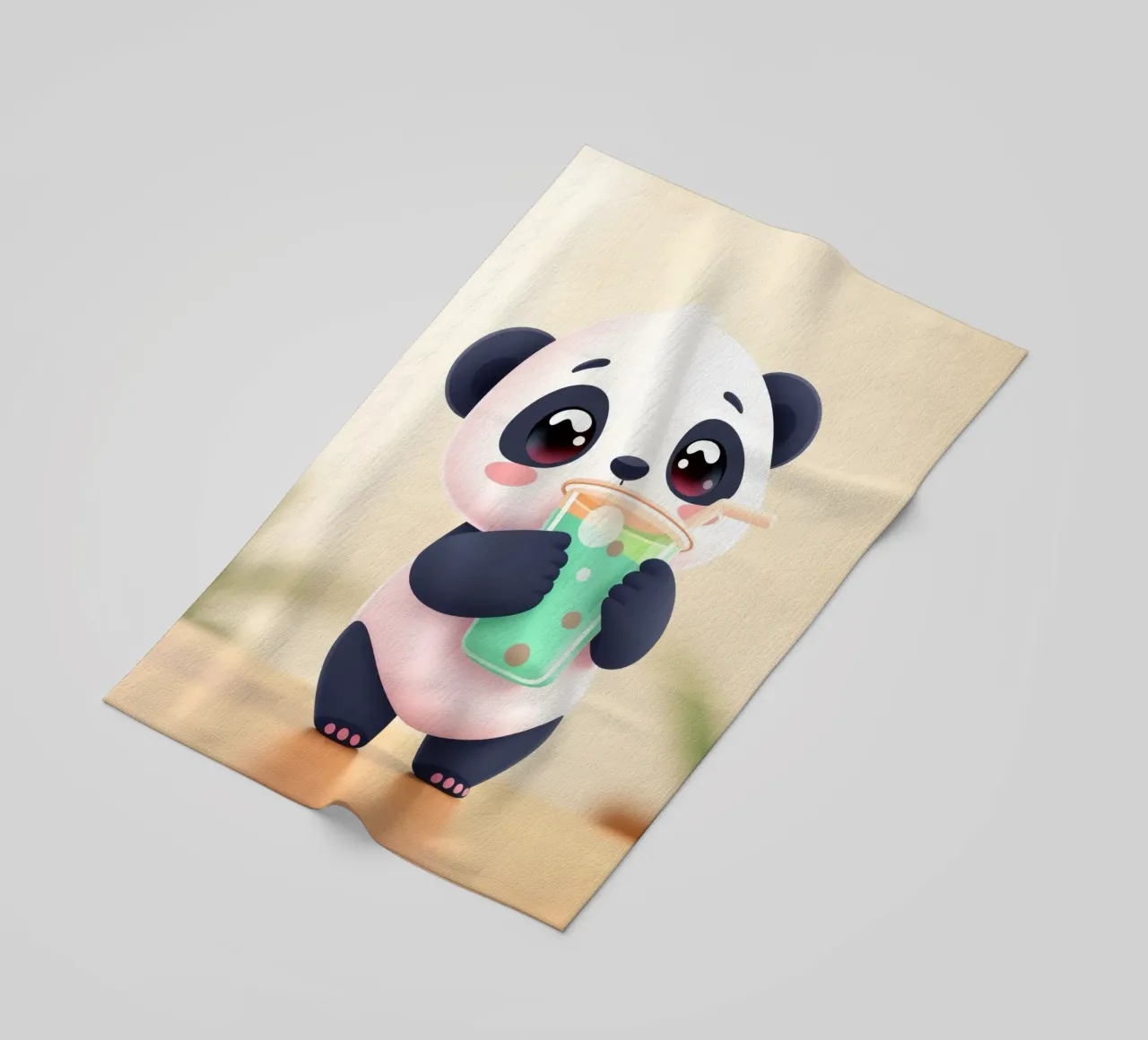 Simpatico personaggio di panda che si gode una bevanda colorata telo mare da DesignDoodle