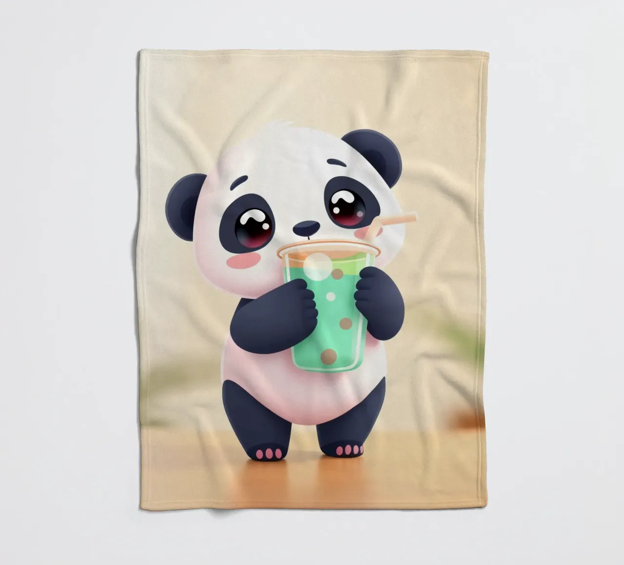 Cute panda character enjoying a colorful drink fleece blanket by DesignDoodle