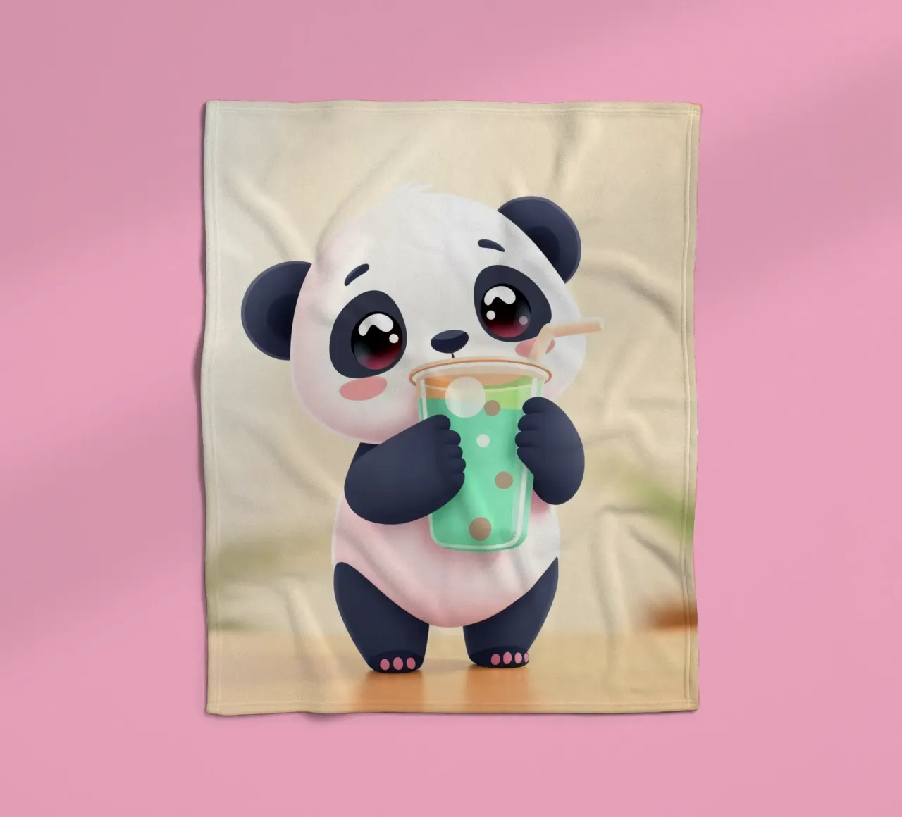 Cute panda character enjoying a colorful drink fleece blanket by DesignDoodle