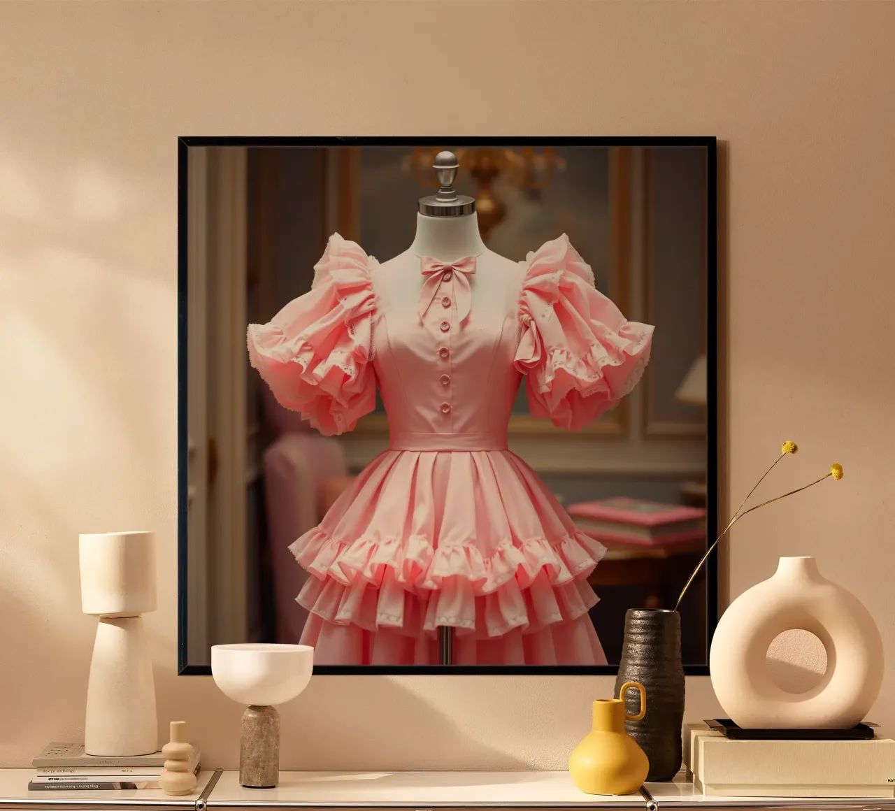 Elegante abito rosa esposto in una boutique poster con telaio in plastica da DesignDoodle