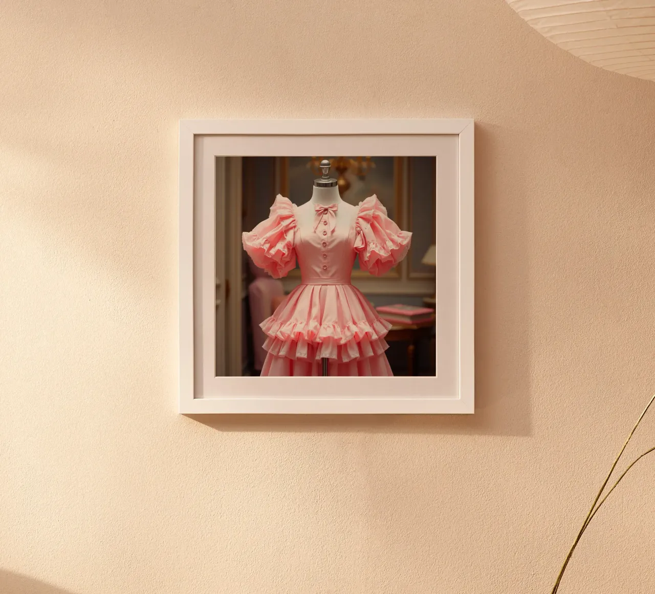 Elegante abito rosa esposto in una boutique poster con telaio in plastica da DesignDoodle