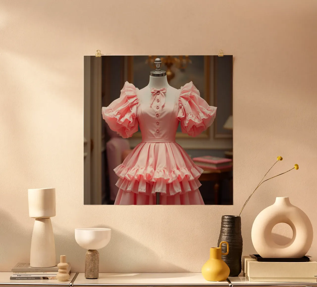 Elegante abito rosa esposto in una boutique poster con telaio in plastica da DesignDoodle