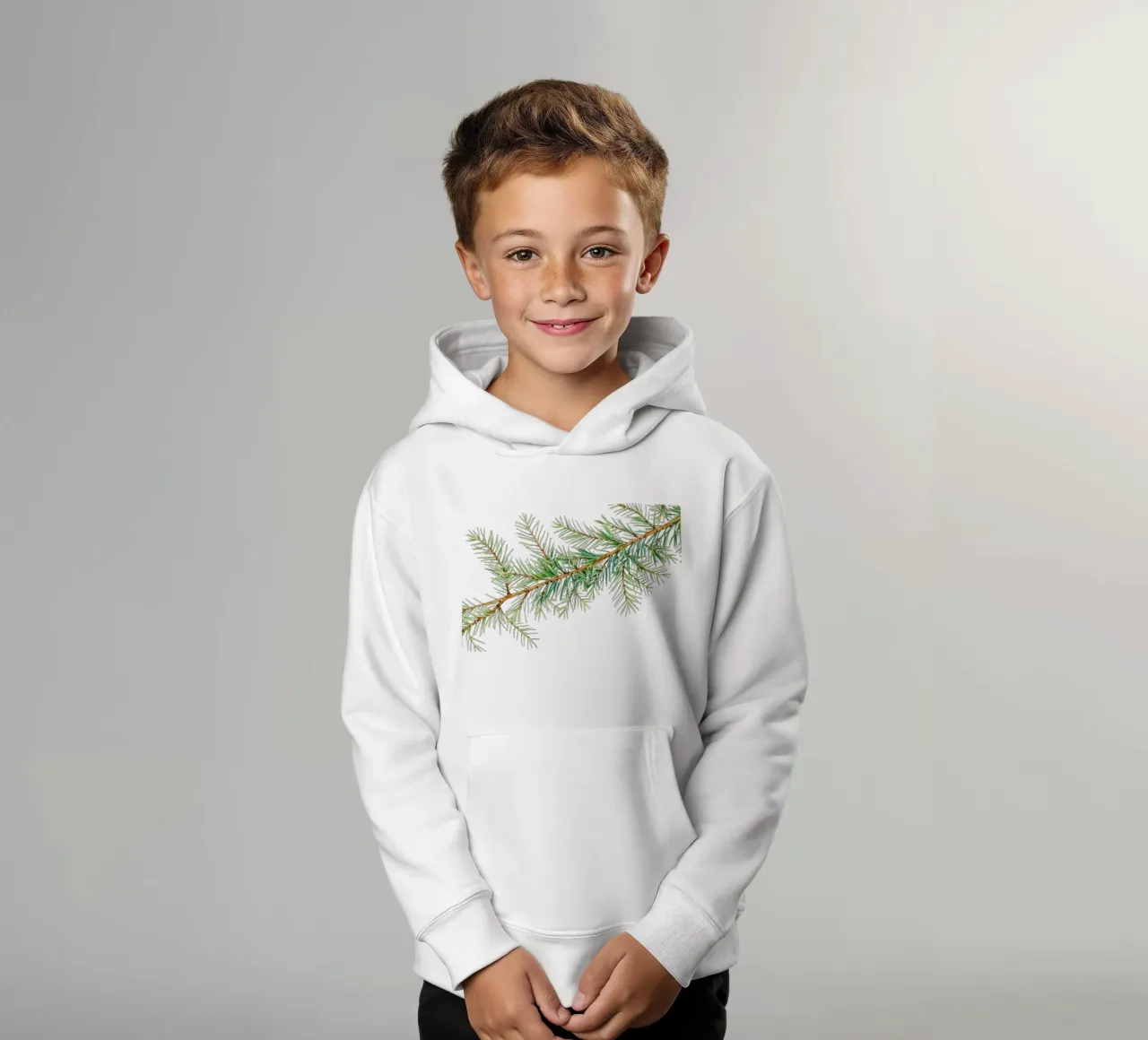 A detailed view of a fresh evergreen branch kids hoodie by DesignDoodle