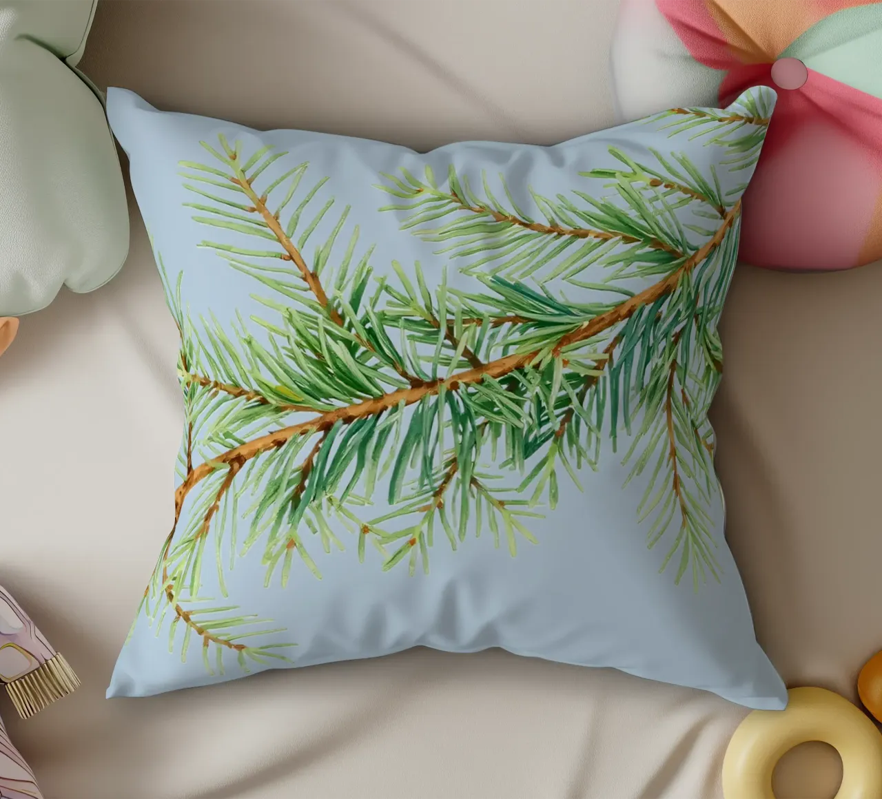 Vista dettagliata di un ramo sempreverde fresco cuscino da DesignDoodle
