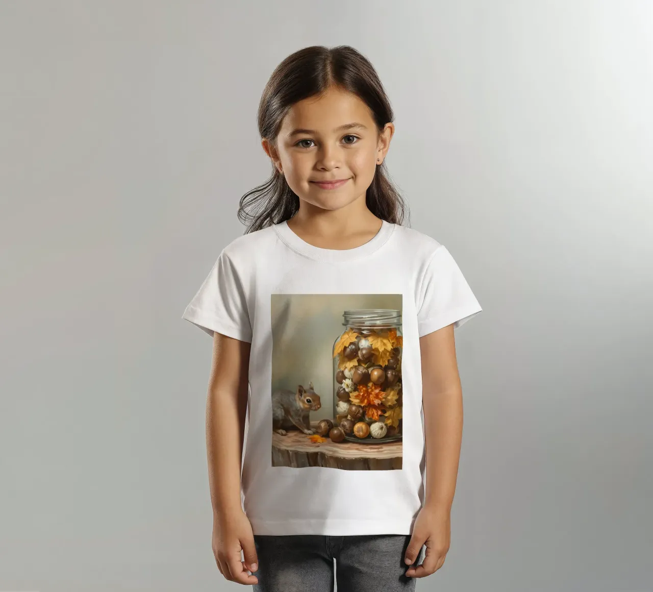 Squirrels collecting acorns and colorful leaves in a jar kids t-shirt by DesignDoodle