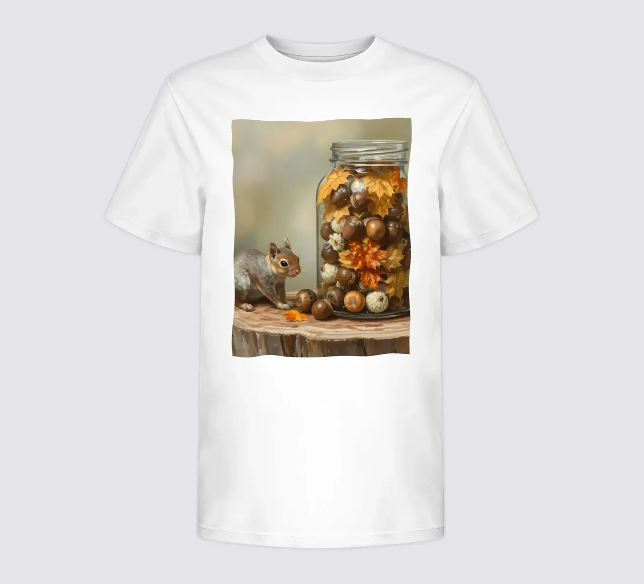 Squirrels collecting acorns and colorful leaves in a jar kids t-shirt by DesignDoodle