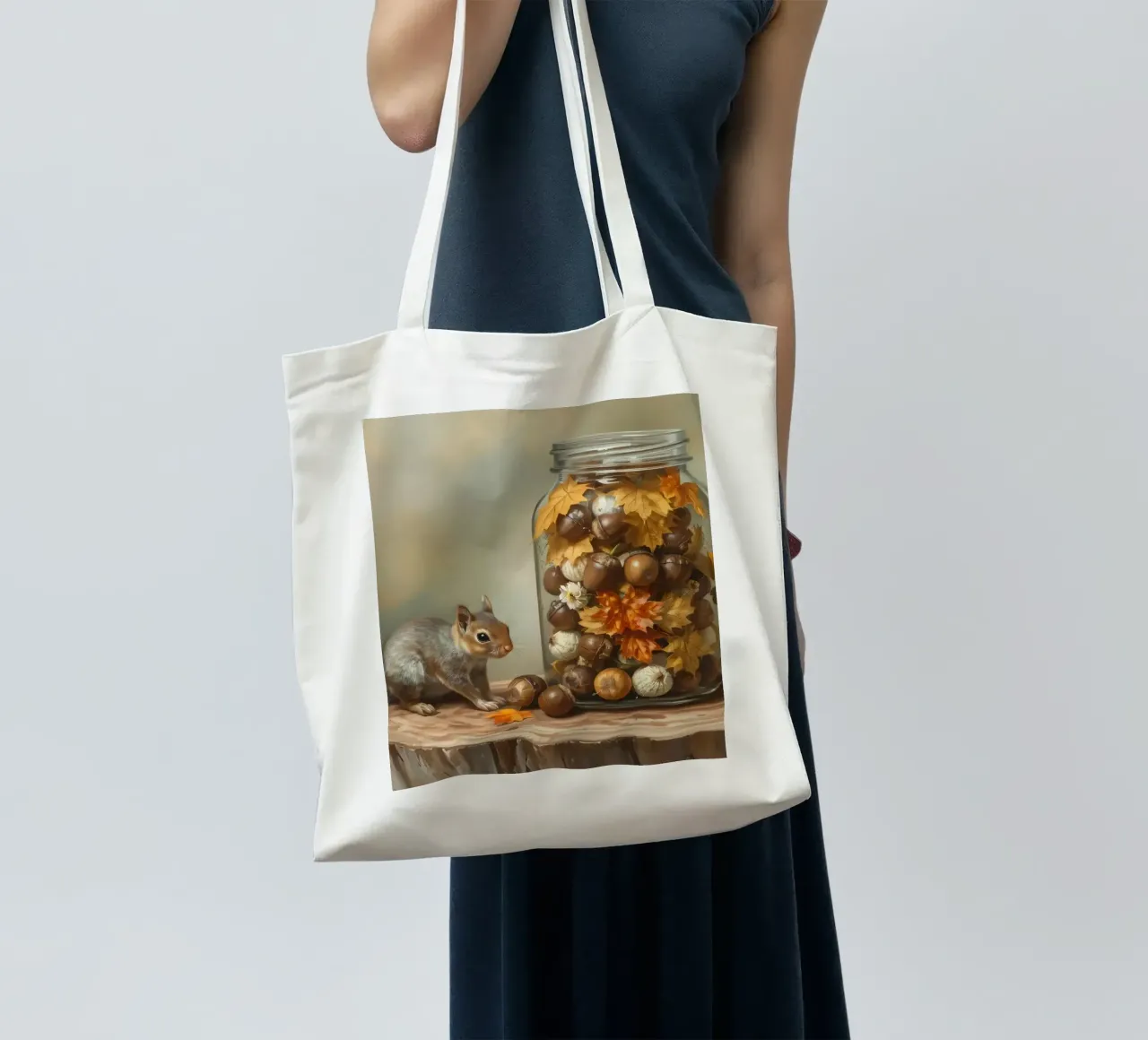 Scoiattoli che raccolgono ghiande e foglie colorate in un barattolo borsa in juta da DesignDoodle