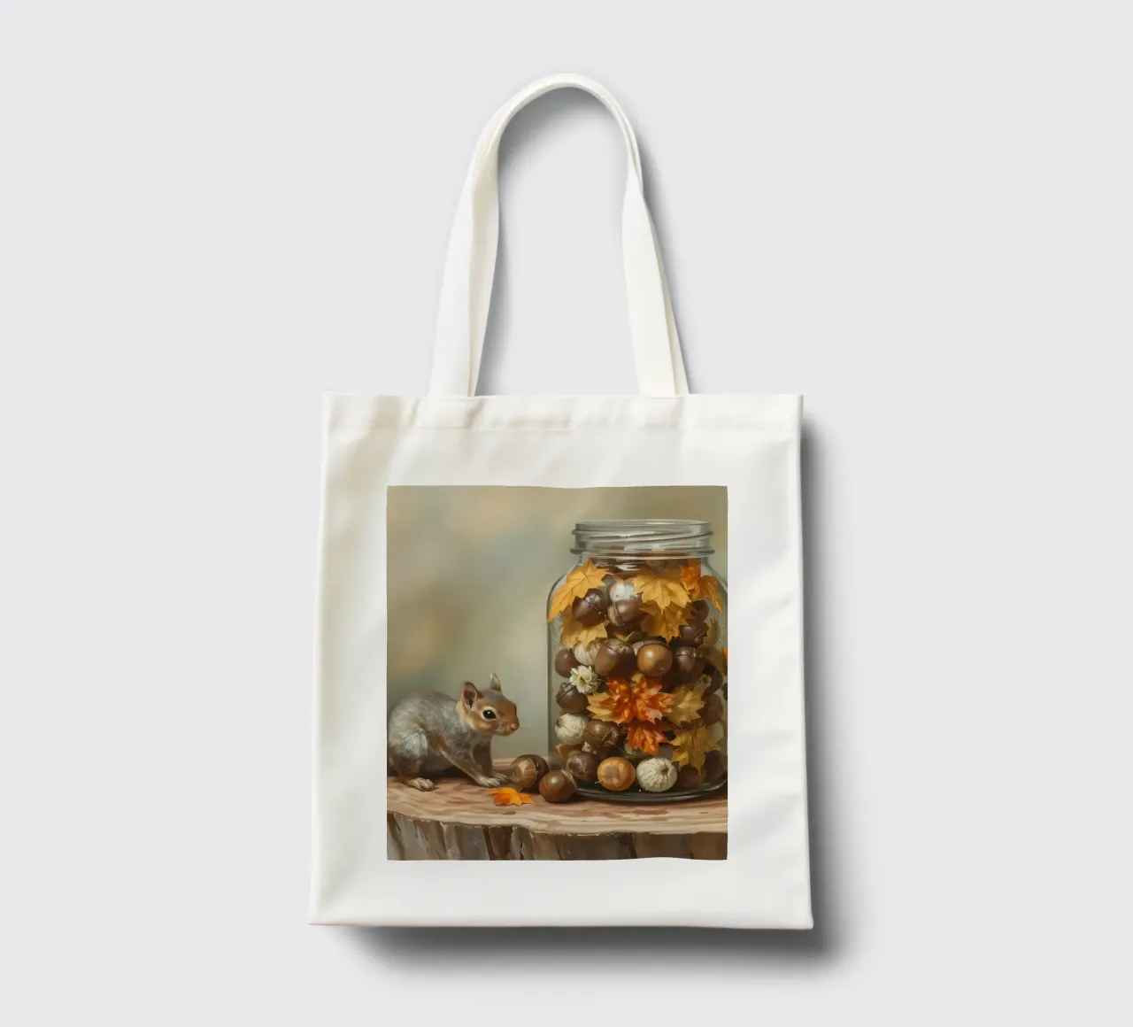 Scoiattoli che raccolgono ghiande e foglie colorate in un barattolo borsa in juta da DesignDoodle